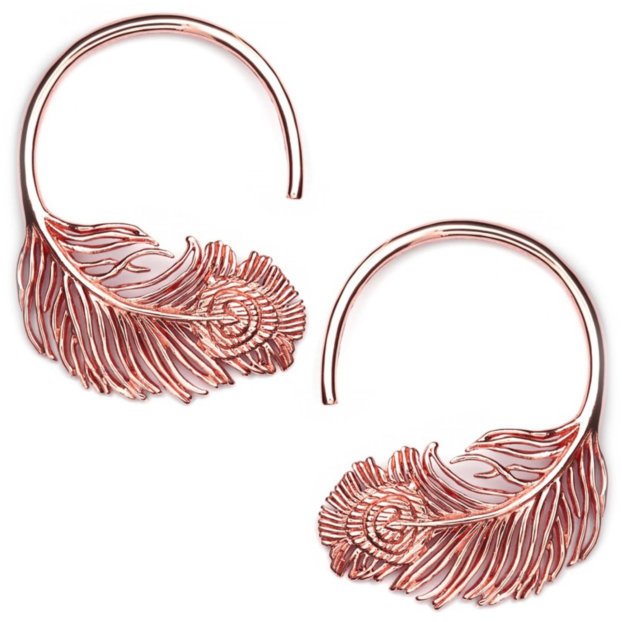 Rose Gold Plated Peacock Feather Hoop Earrings for Women - 12g Lightweight Dangle Earrings - Elegant Jewelry Gift for Parties, Weddings & Special Occasions