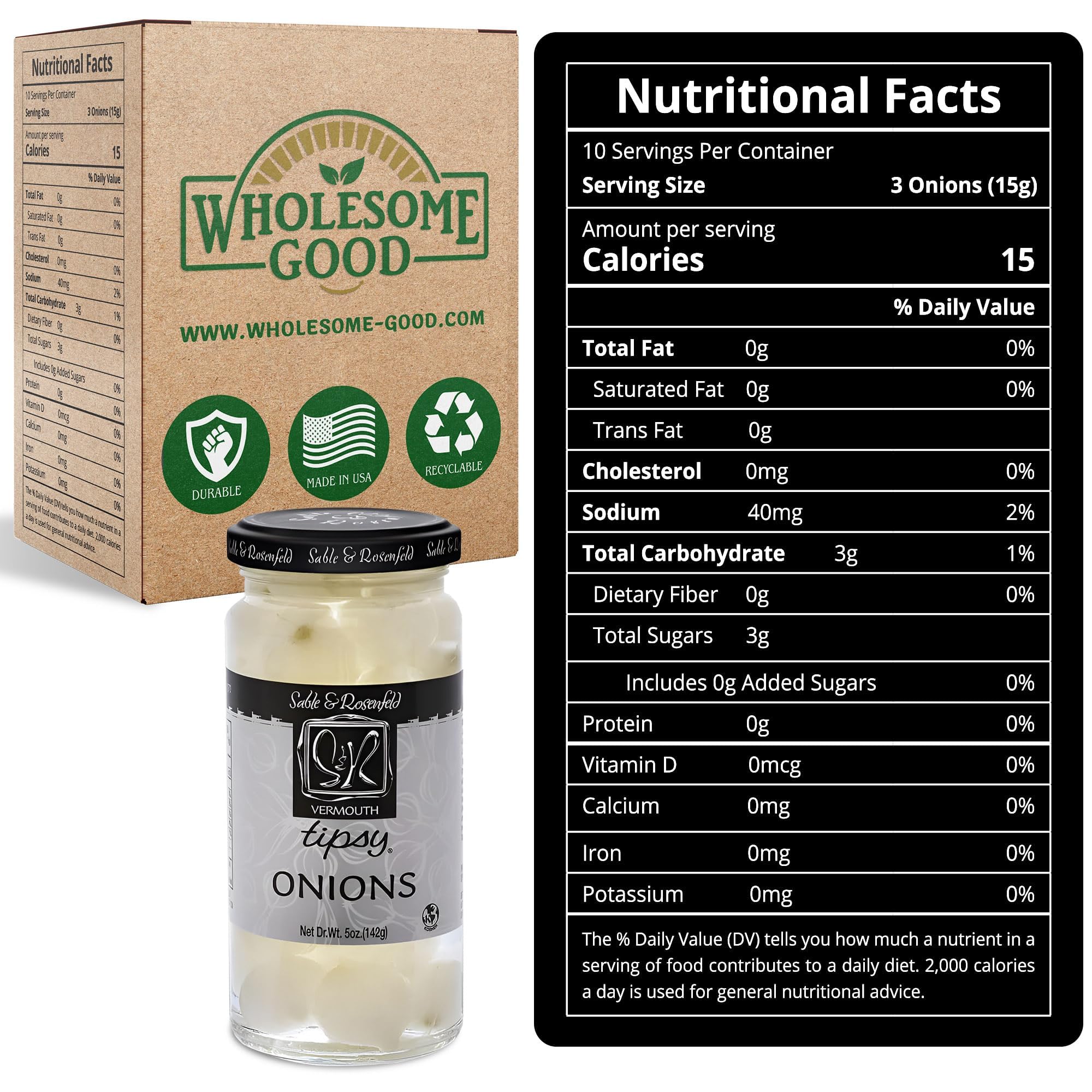 Premium Cocktail Onions in Jar with French Vermouth - Pickled Silverskin & Pearl Onions for Martinis, Gibsons & Cocktails - Kosher Parve Gourmet Appetizer - Perfect for Home Bars, Parties & Charcuterie Boards - Sable & Rosenfeld - 5 Oz (Pack of 6)