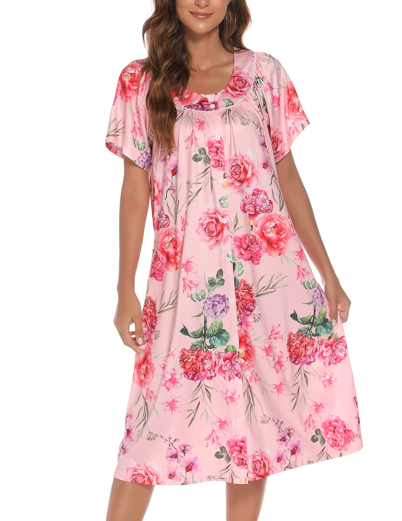 YOZLY Women's Short Sleeve House Dress - Comfortable Mumu Duster Robe with Pockets | Perfect for Lounging at Home, Morning Coffee & Relaxing Weekends