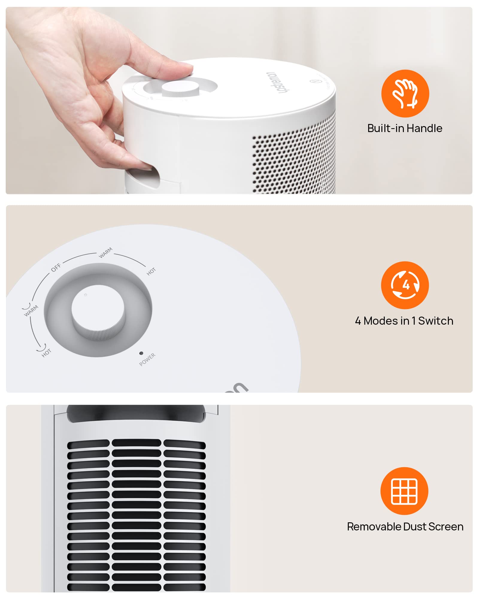 Upstreman 1500W PTC Ceramic Space Heater - Fast 3-Second Heating, 70° Oscillation & Tip-Over Protection - Energy Efficient Indoor Heater for Office, Bedroom, Desk - Perfect for Winter Home & Workspace Warmth (White)