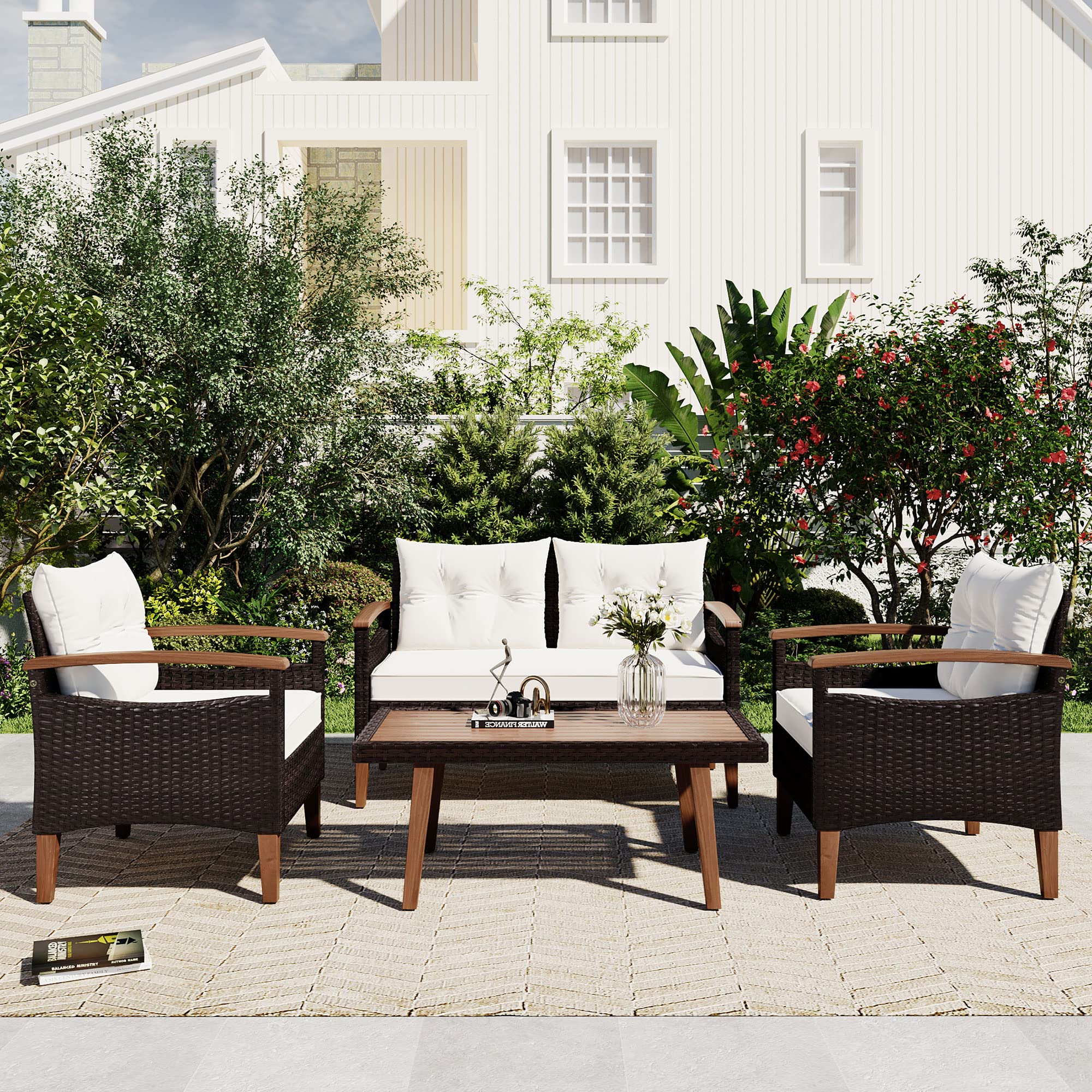4-Piece Rattan Patio Conversation Set with Cushions & Coffee Table - Outdoor Furniture for Backyard, Porch, Poolside (Beige) | Perfect for Relaxing, Entertaining & Lounging in Your Garden or Terrace