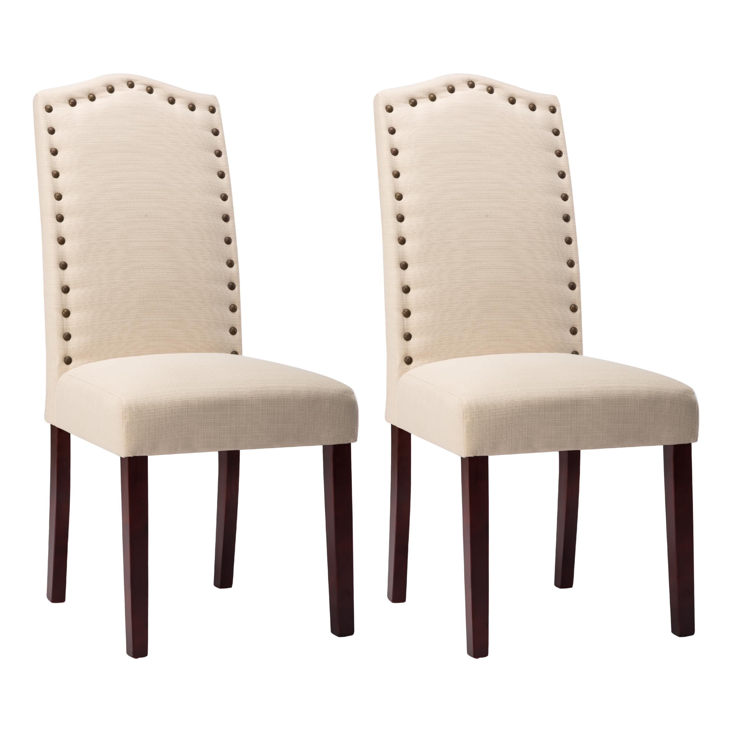 LSSBOUGHT Set of 2 Upholstered Parsons Dining Chairs - Beige Fabric Kitchen Chairs with Solid Wood Frame & Nailhead Trim - Perfect for Dining Room, Kitchen, and Breakfast Nook