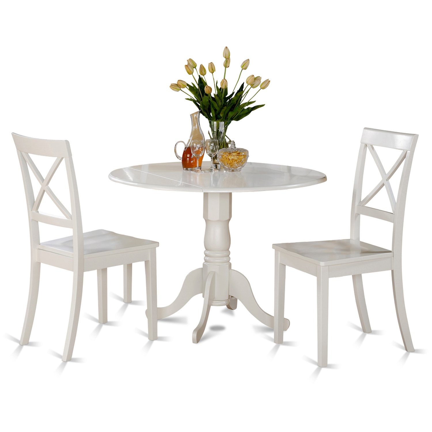 East West Furniture DLBO3-WHI-W 3-Piece White Dining Set with Round Drop-Leaf Table & 2 Chairs, 42x42 Inch, Linen White - Perfect for Small Kitchens, Breakfast Nooks & Cozy Dining Spaces