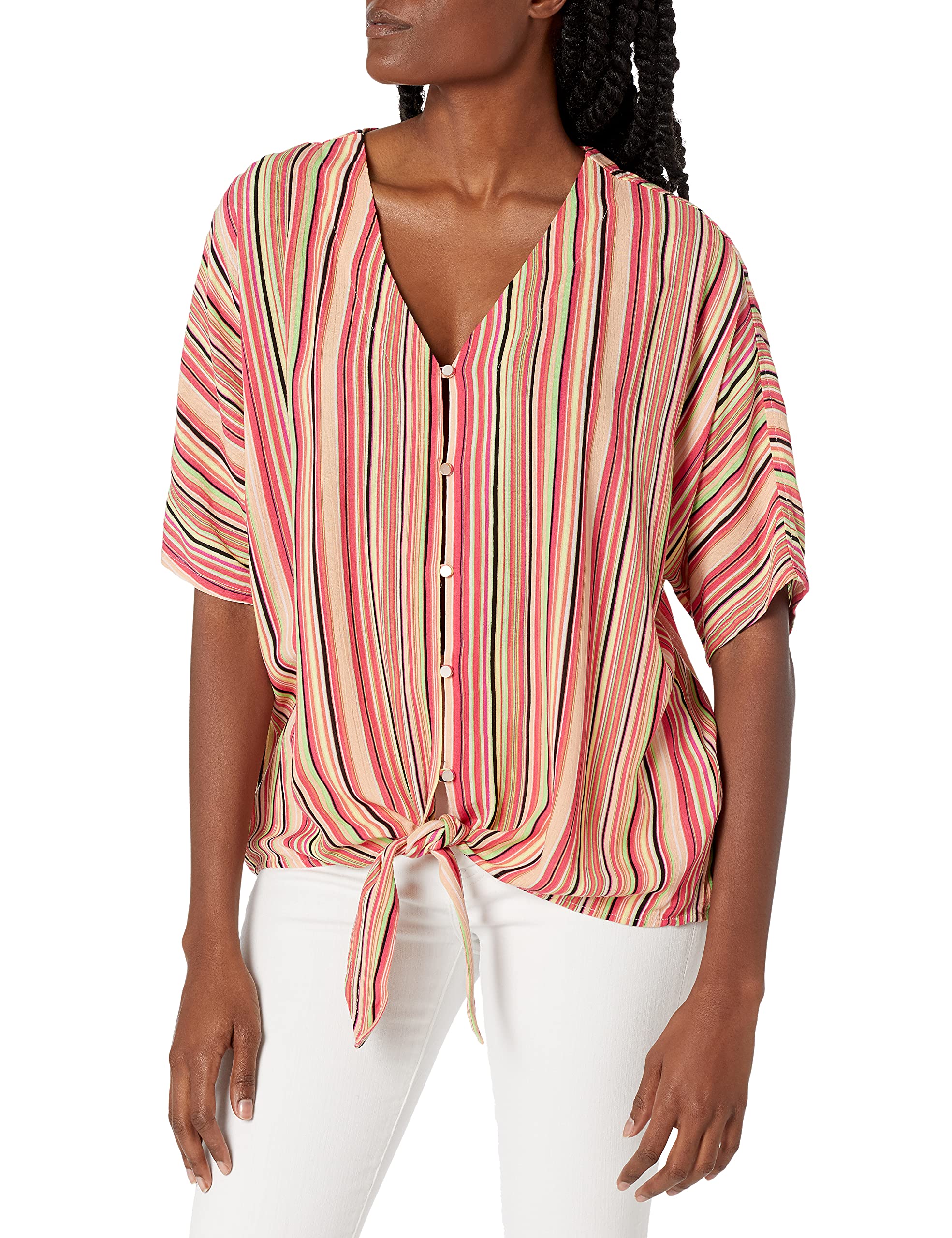Seven7 Women's Short Sleeve Button Down Tie Front Blouse - Casual Office Wear & Summer Outfits