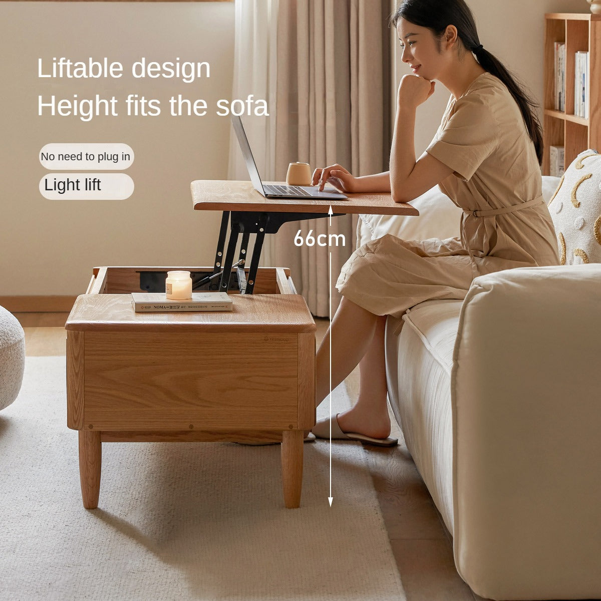 Solid Oak Wood Modern Lift-Top Coffee Table with Slate Surface - Perfect for Living Room, Home Office, and Small Spaces