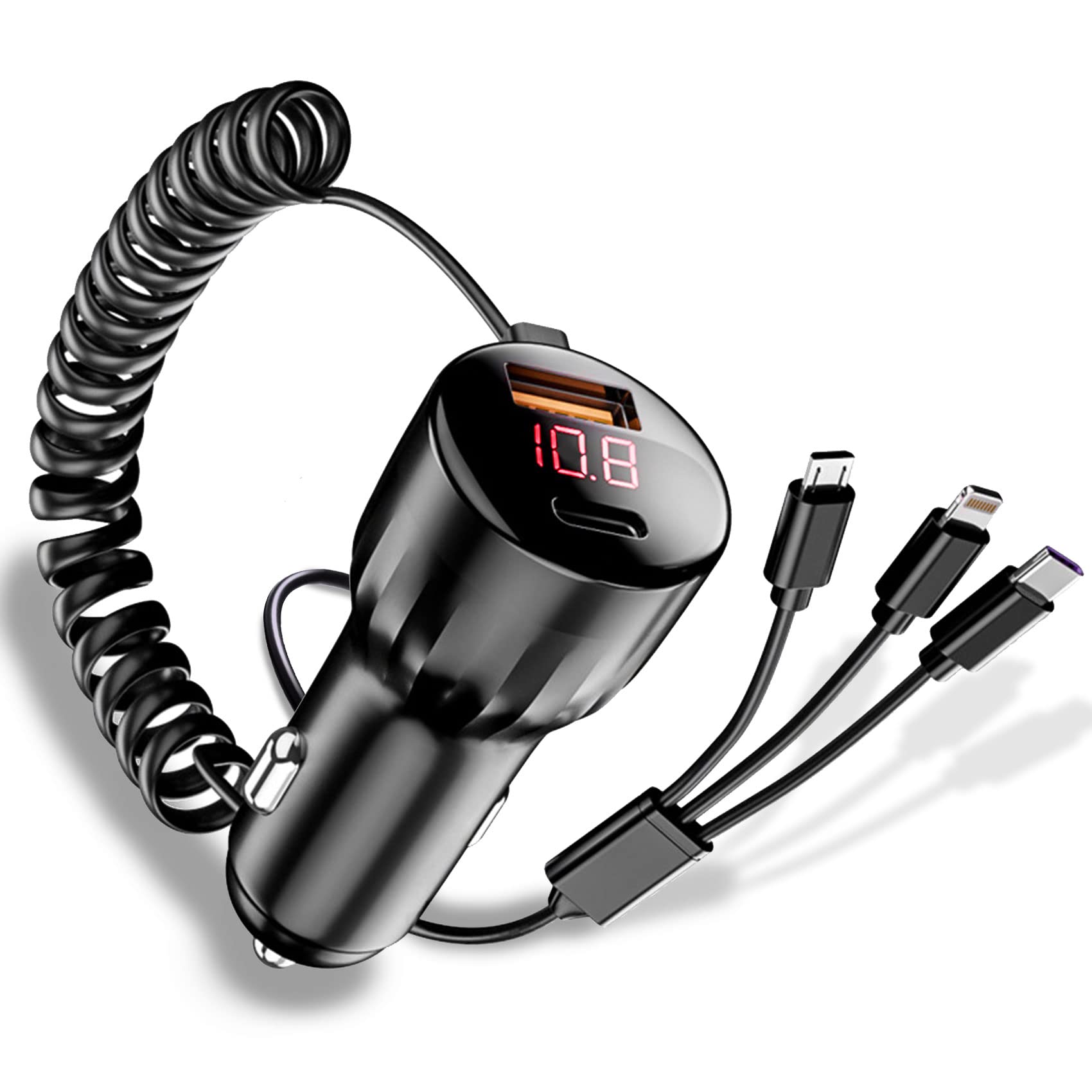 Dual USB Car Charger Adapter with Fast Charging - 3-in-1 Coiled Cable Compatible with iPhone, Android & Type-C Devices | Perfect for Road Trips & Daily Commutes