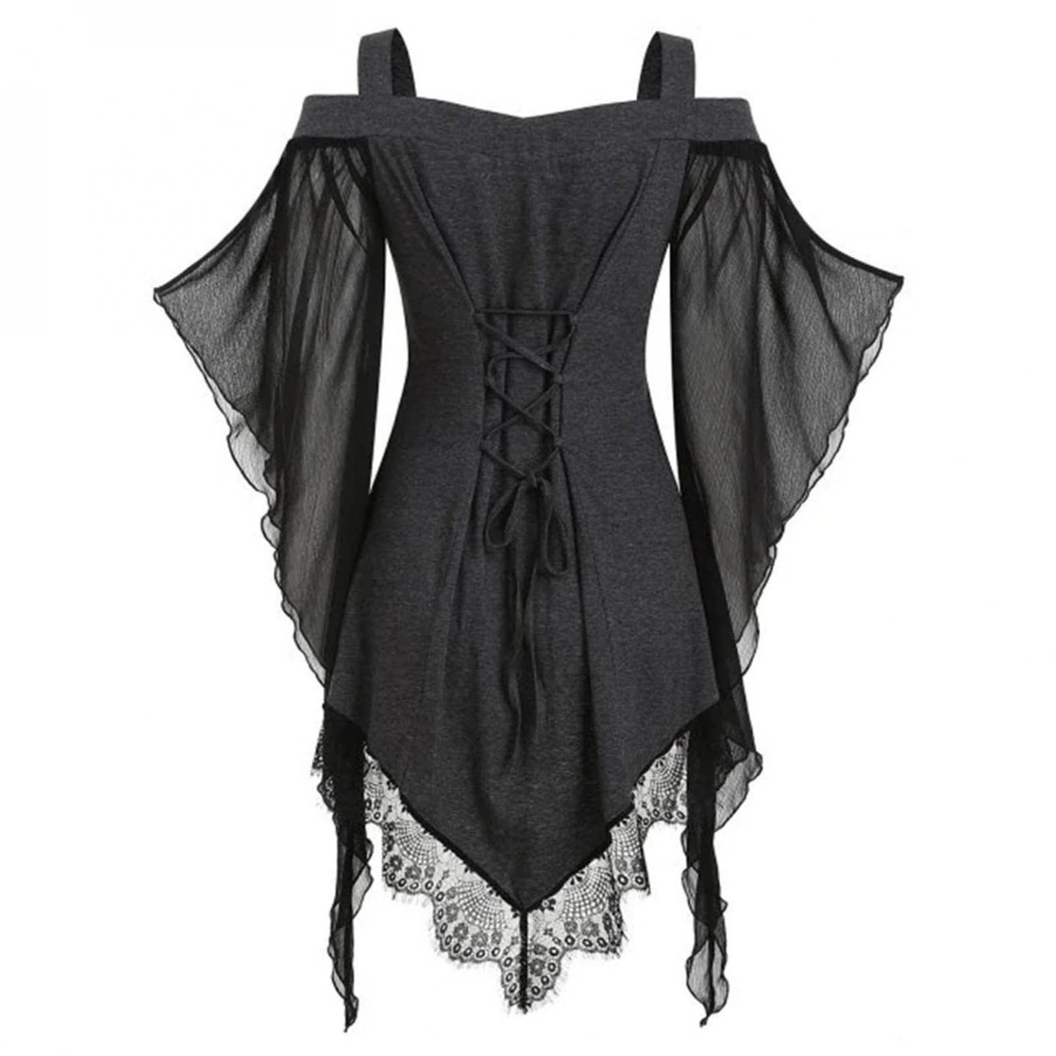 Gothic Women's Tops - Sexy Mesh Sheer Butterfly Sleeve Blouse with Corset Lace Detail | Renaissance Steampunk Gothic Clothing for Parties, Cosplay & Dark Fashion