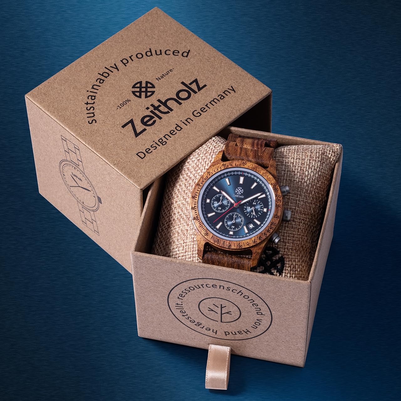 **Zeitholz Men's Wooden Watch - 42mm Natural Wood Chronograph with Japanese Quartz Movement, Analog Calendar Display - Perfect for Casual Wear, Outdoor Adventures & Unique Gifts**