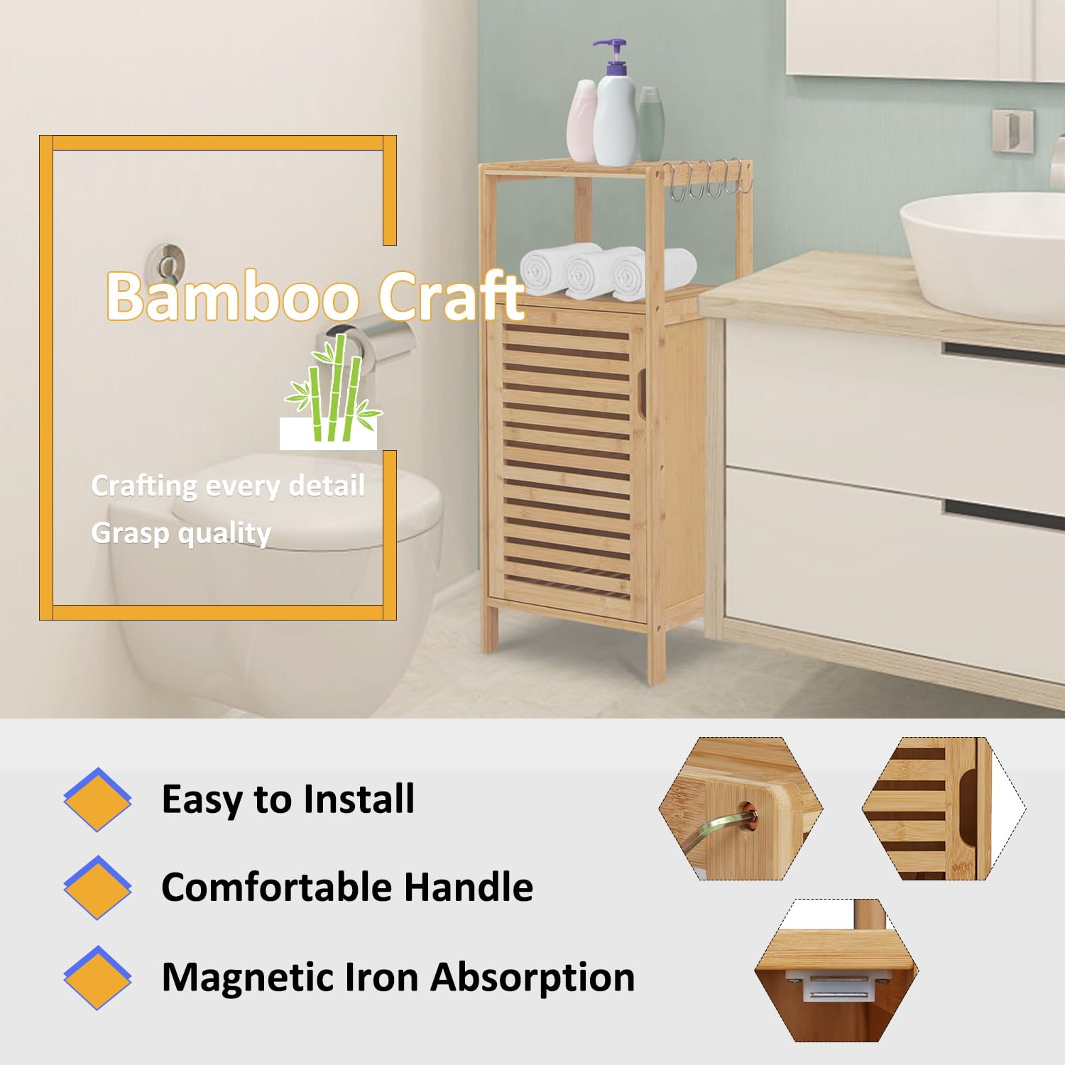 Kinfant Bamboo Bathroom Floor Cabinet - Free-Standing Storage Organizer with Single Door & Shelf | Perfect for Bathroom, Bedroom, and Laundry Room Organization