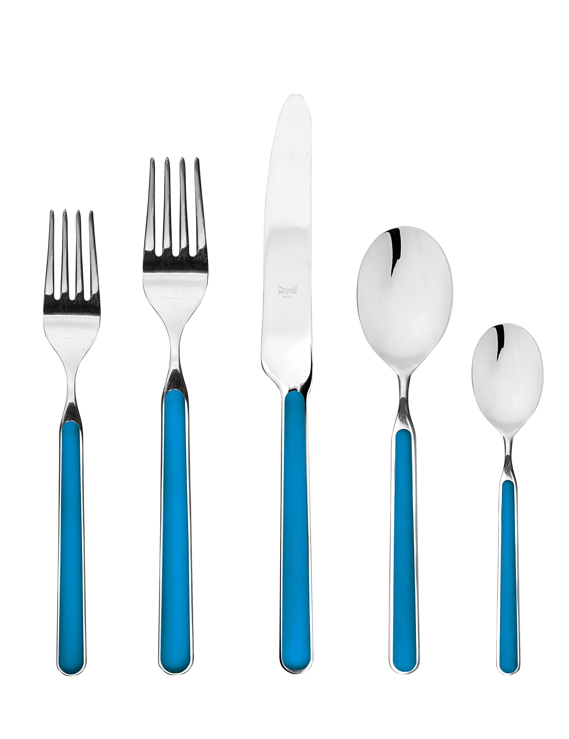 MEPRA Fantasia Flatware Set - 5 Piece Stainless Steel Cutlery Set in Electric Blue | Dishwasher Safe Silverware for Everyday Use & Dinner Parties | Modern Flatware for Home, Restaurant & Gifting