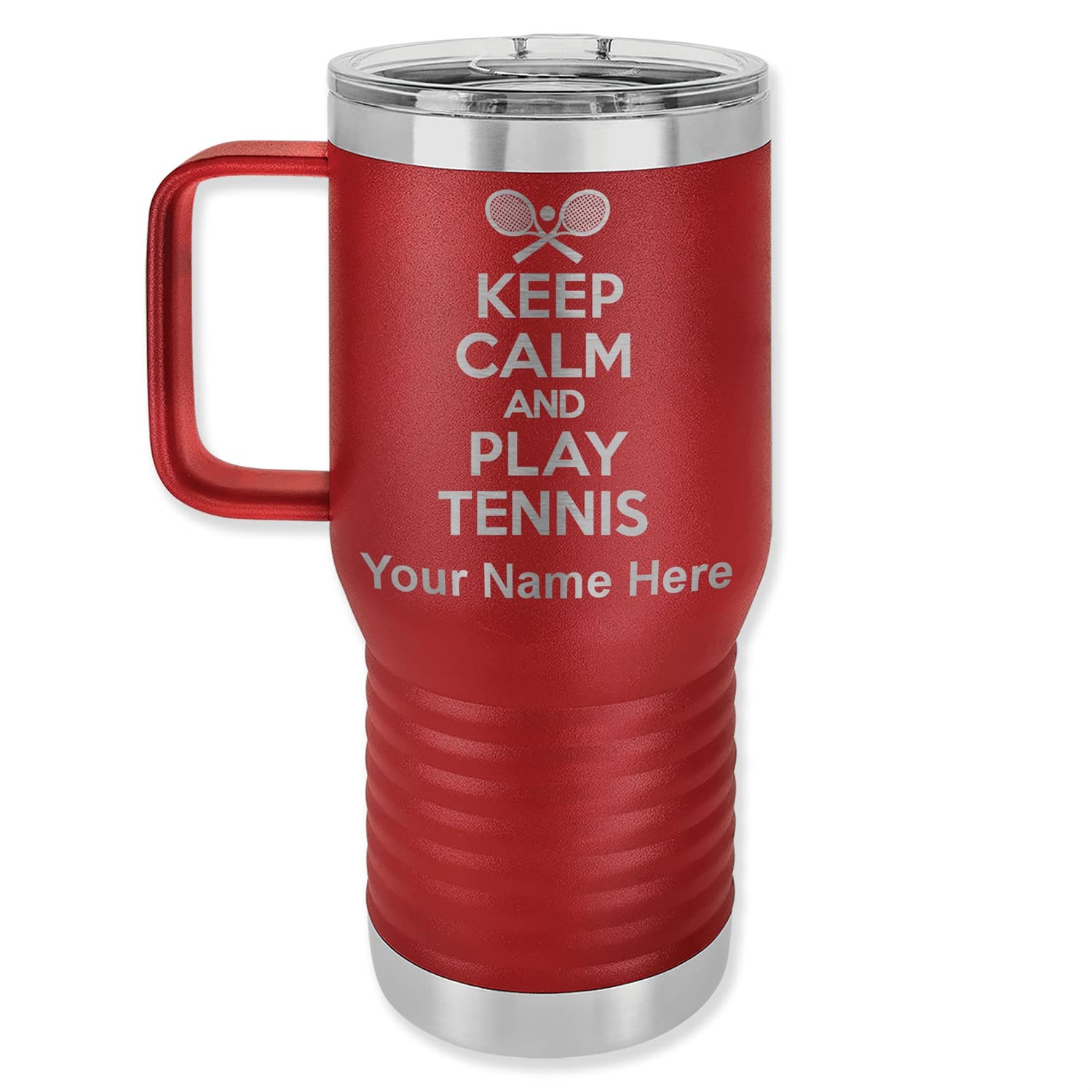 LaserGram 20oz Vacuum Insulated Stainless Steel Travel Mug with Handle - Personalized Engraved Gift for Tennis Lovers (Maroon) | Keeps Drinks Hot/Cold for Hours | Perfect for Commuting, Sports & Outdoor Activities