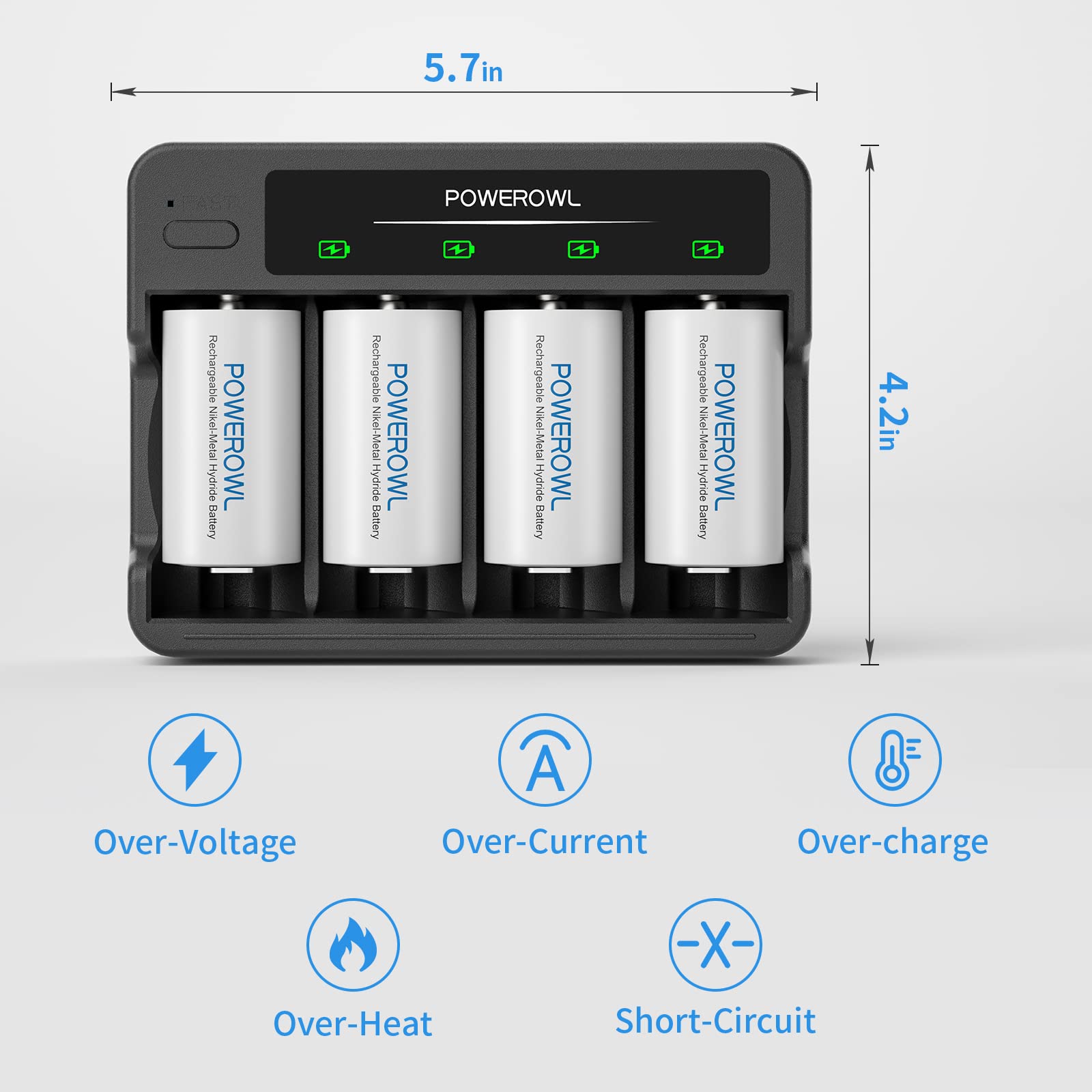 POWEROWL Rechargeable D Batteries (4-Pack) with 4 Bay USB Fast Charger - Compatible with AA AAA C D Ni-MH Ni-CD Batteries - Ideal for Flashlights, Toys, and Emergency Power Backup