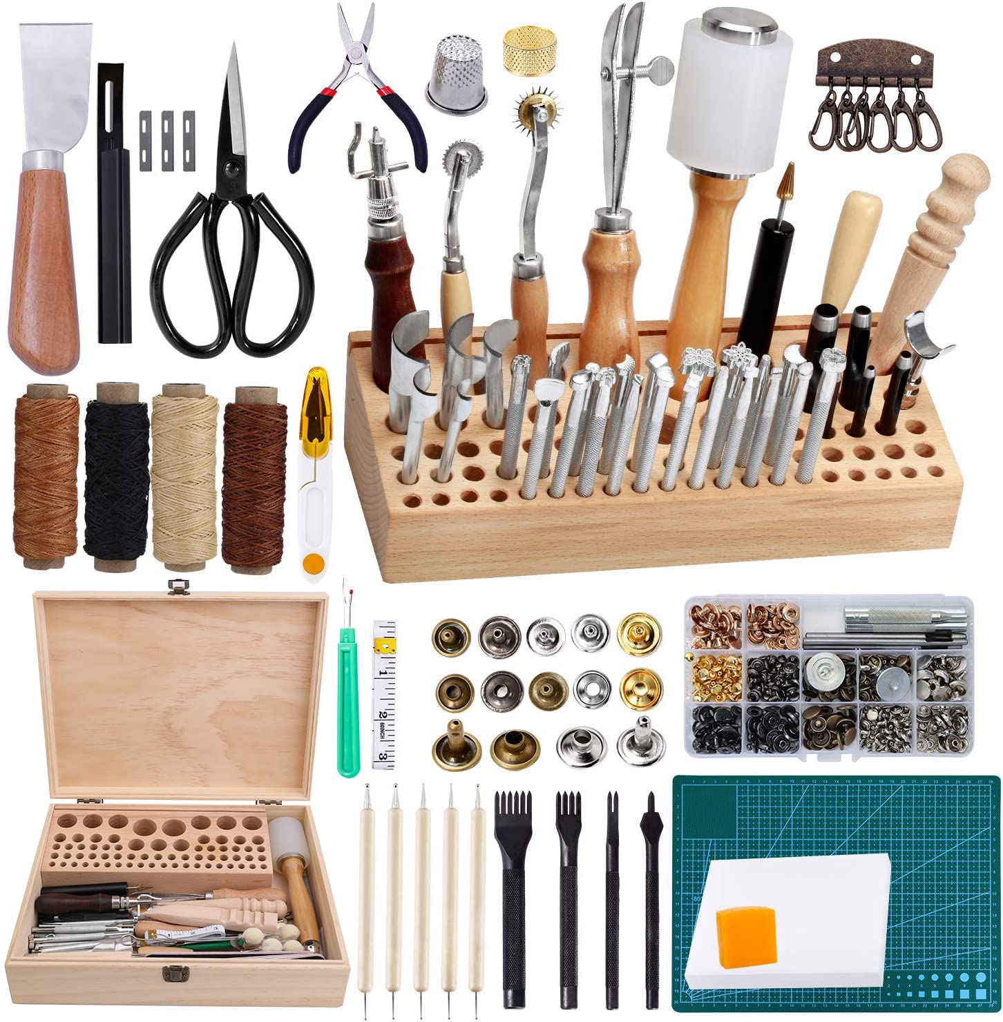 Jupean 458-Piece Leather Crafting Kit - Professional Leather Working Tools & Supplies with Instruction Book, Tool Holder, Stamps Set, Prong & Hollow Punches - Perfect for DIY Leather Projects, Belt Making, Wallet Crafting & Leather Repair