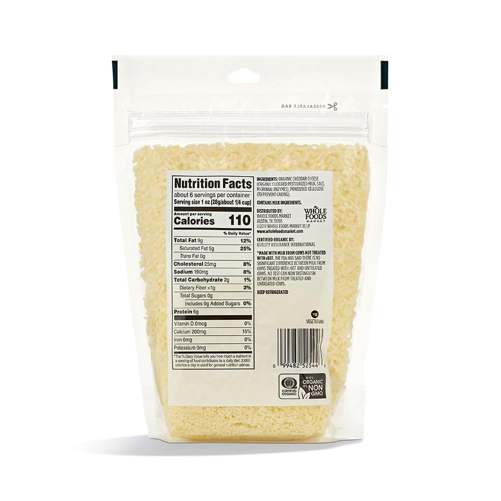 Organic Mild Cheddar Cheese Shredded - 6 oz by 365 by Whole Foods Market | Perfect for Nachos, Salads & Sandwiches | USDA Organic, Gluten-Free