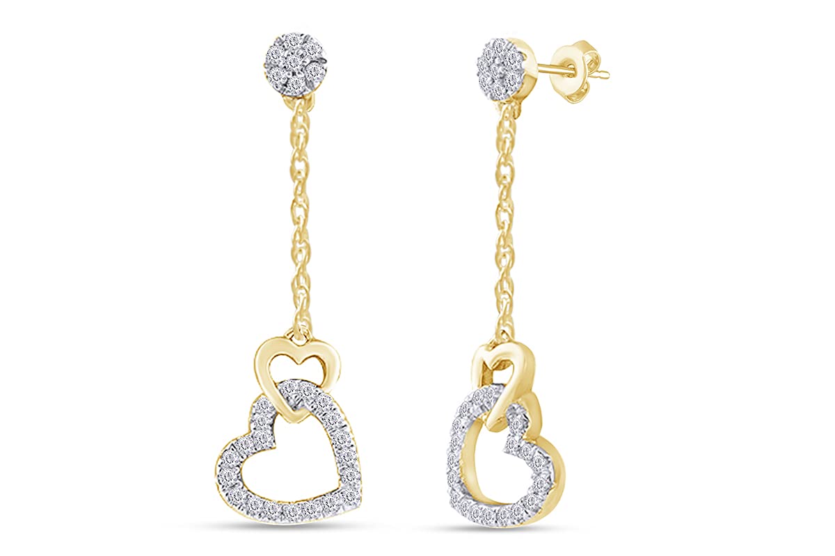 1/10 Carat Round Cut White Natural Diamond Double Heart Drop Earrings - 14k Gold Plated 925 Sterling Silver Jewelry for Women (I2-I3 Clarity, I-J Color, 0.10 Cttw) - Perfect for Valentine's Day, Anniversary, Birthday Gifts & Special Occasions