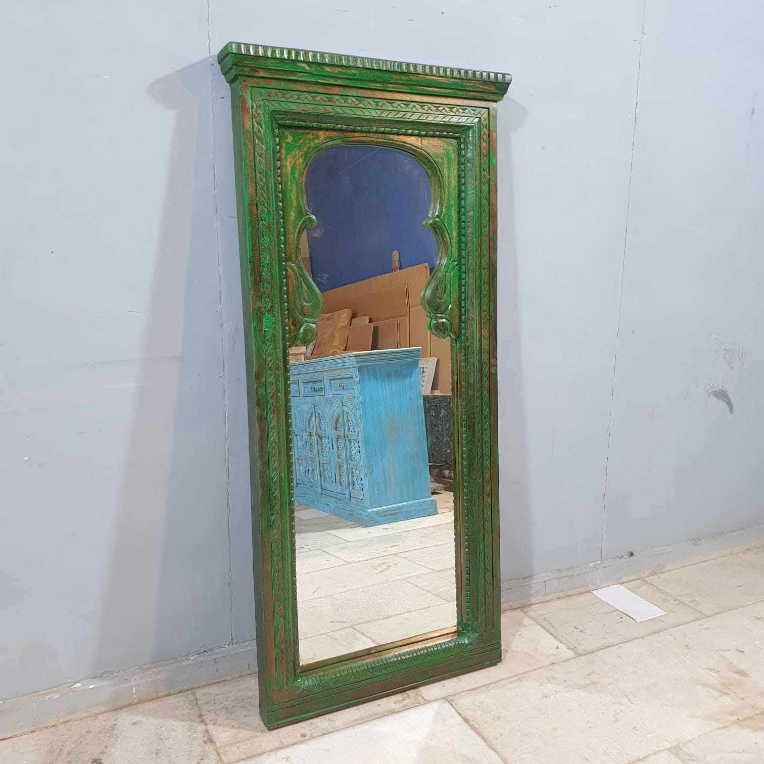 Handmade Indian Wooden Mirror Frame - Rustic Green Carved Design 70x150 cm - Perfect for Boho Home Decor, Living Room & Bedroom Wall Art