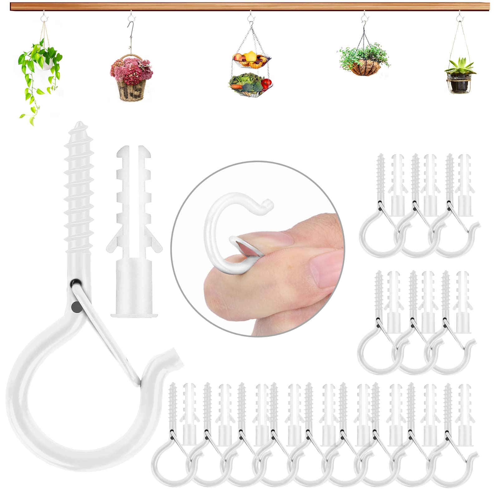 16 Pack White Screw Hooks for Hanging Outdoor String Lights - Heavy Duty Ceiling Hooks for Plants, Christmas Decorations & Home Organization - Safety Buckle Design for Secure Use in Gardens, Patios & Indoor Decor