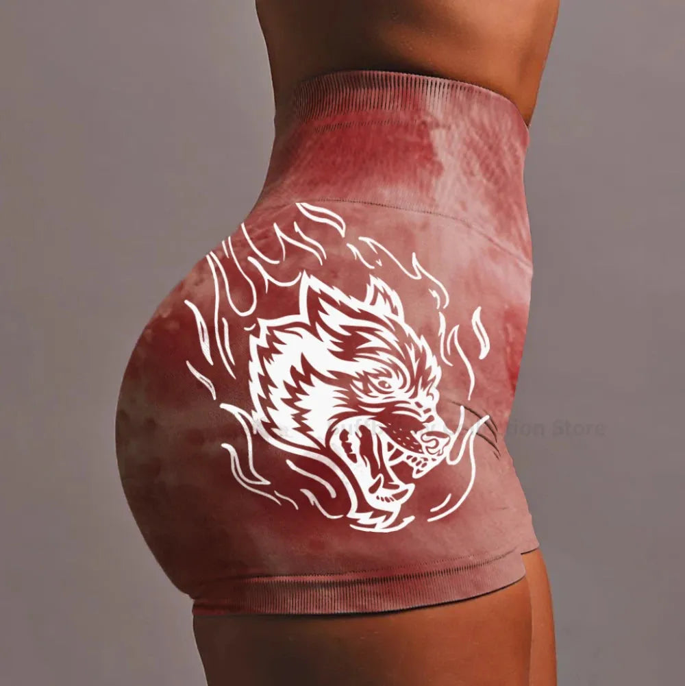 **Darc Women's Tie Dye Shorts - Pink Wolf Print High Waist Elastic Seamless Yoga Shorts for Gym, Running & Casual Wear | Soft Sport Pants 2024**