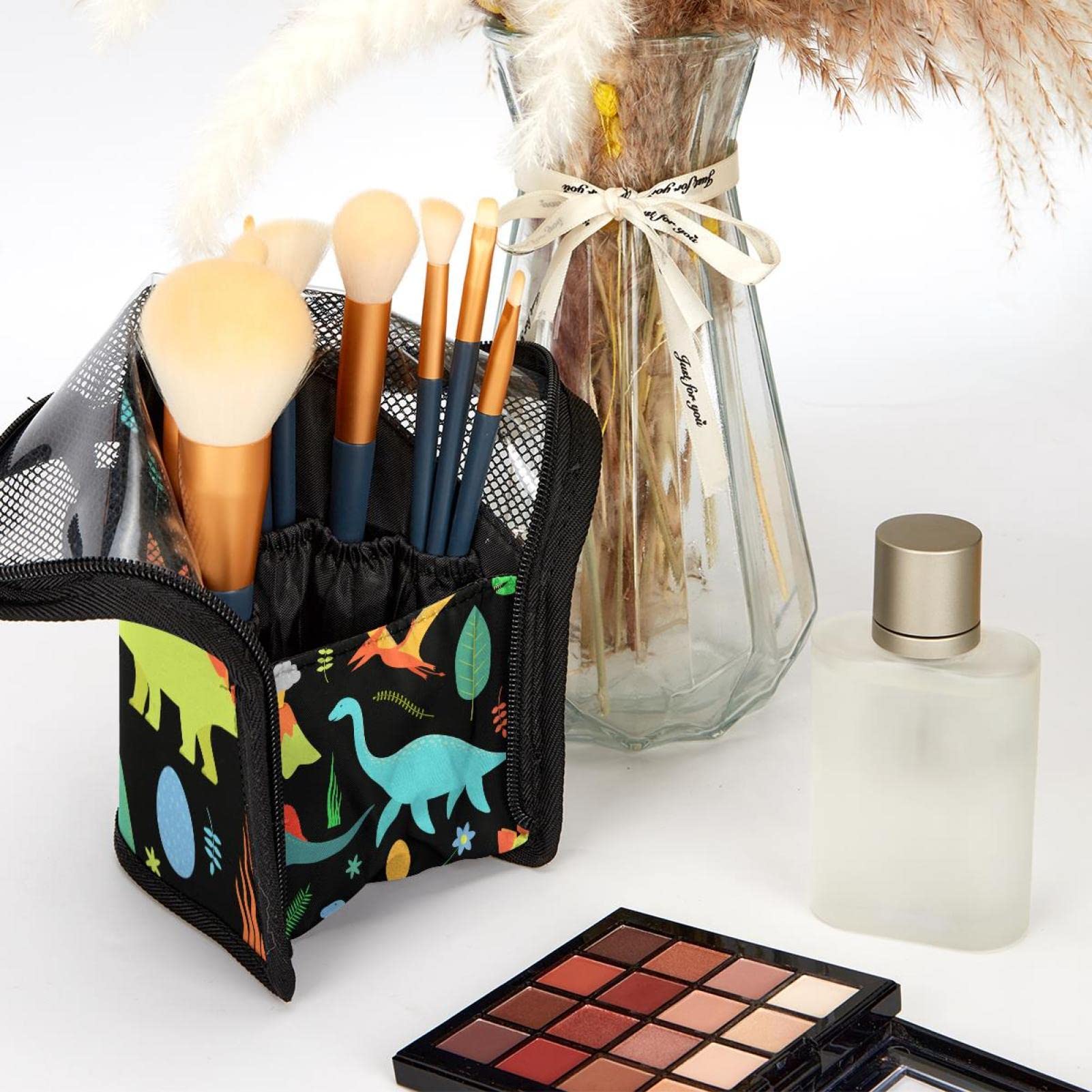 12 Pcs Makeup Brush Organizer Bag with Plant Cartoon Jungle Dinosaur Print - Portable Travel Makeup Brush Holder Case for Professional Makeup Artists & Beauty Enthusiasts - Perfect for Home, Travel & Salon Use