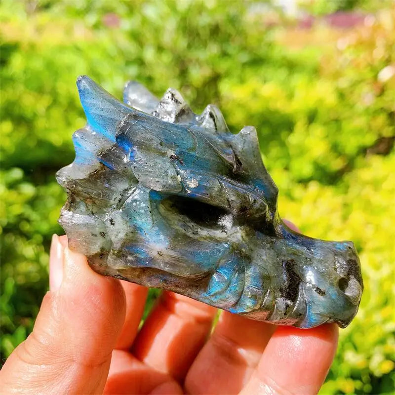 8CM Natural Labradorite Dragon Skull Crystal Carving - Feng Shui Healing Art, Home Decor Gift (1PC) | Spiritual Decor, Meditation Altar, Crystal Collection Display