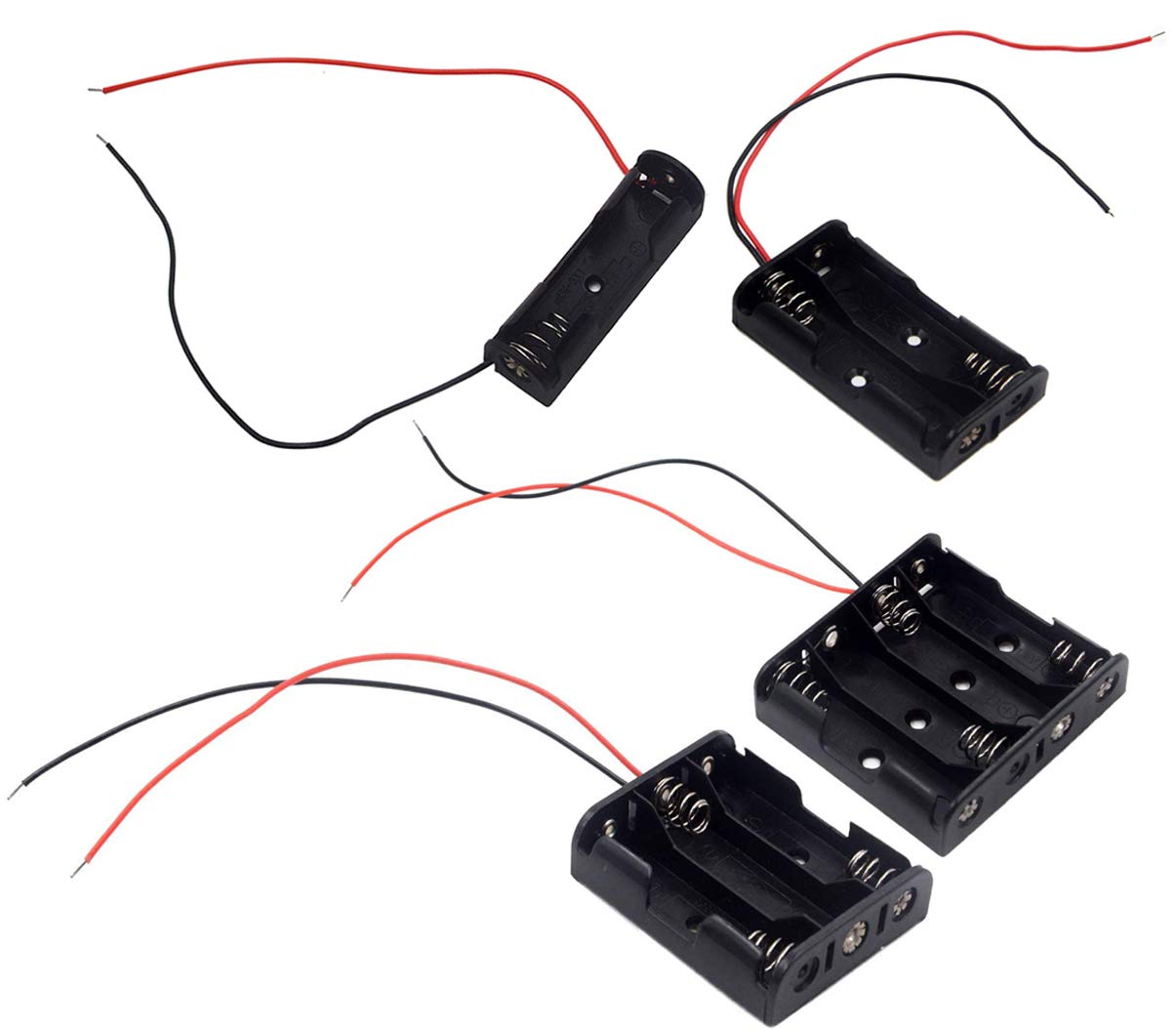 4-Pack AA Battery Holder Bundle - Single, 2, 3 & 4 AA Battery Holders with Wires & Leads | Durable Plastic Battery Cases for DIY Electronics, Robotics & Science Projects | Perfect for Arduino, LED Lights & Circuit Prototyping