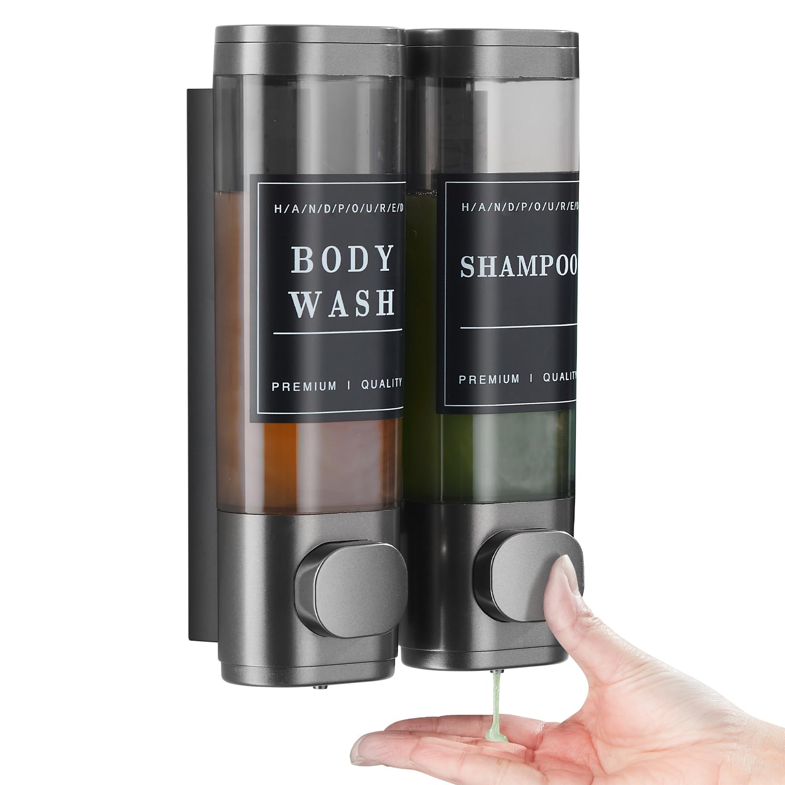 2-Chamber No Drill Wall-Mounted Shower Soap Dispenser - Shampoo & Conditioner Dispenser for Bathroom, Hotel - Large Capacity Dark Gray - Perfect for Spa-Like Showers & Clutter-Free Bathroom Organization