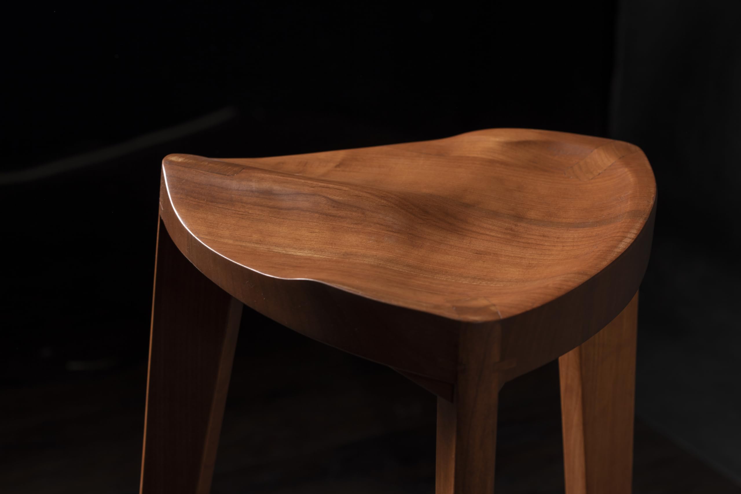 Handcrafted Cherry Wood Bar Stool - 3-Legged Counter Stool with Carved Seat - Adjustable Height 24