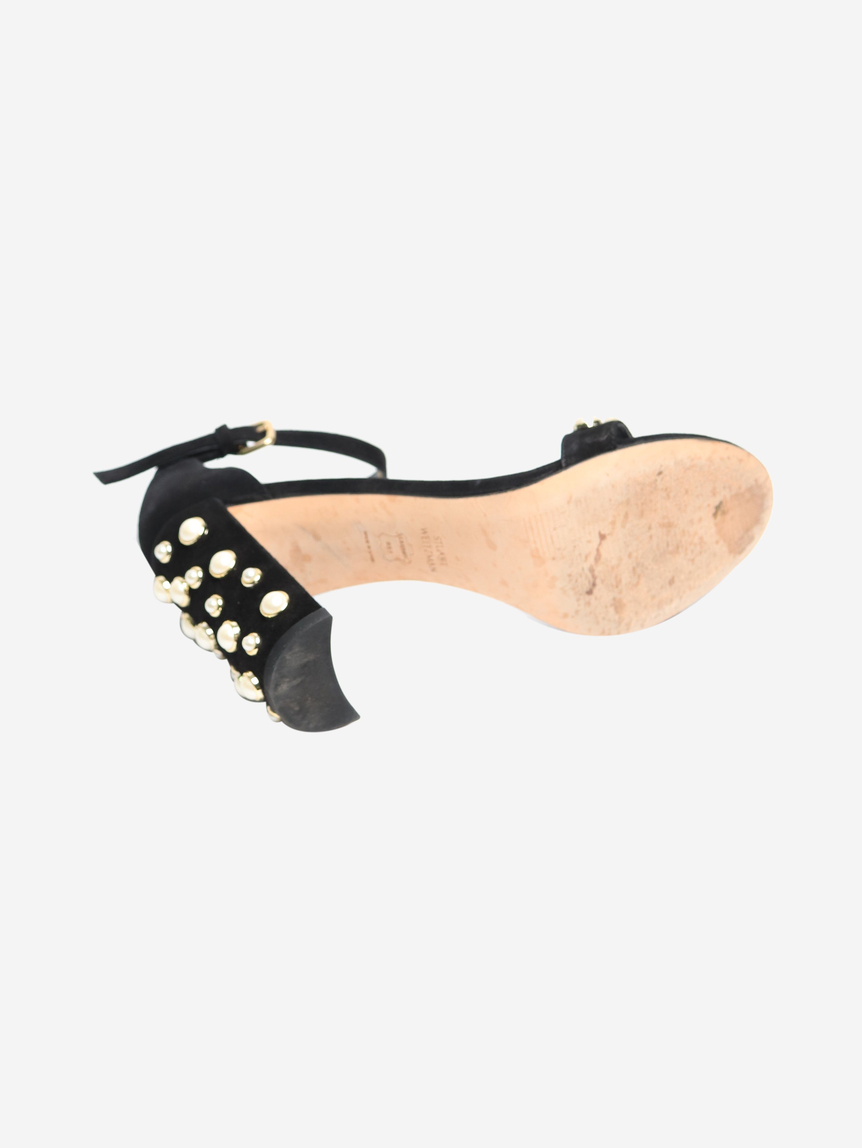 Elegant Black Suede Pearl Embellished Sandal Heels Women's Size EU 38.5 - Perfect for Weddings, Parties & Evening Events