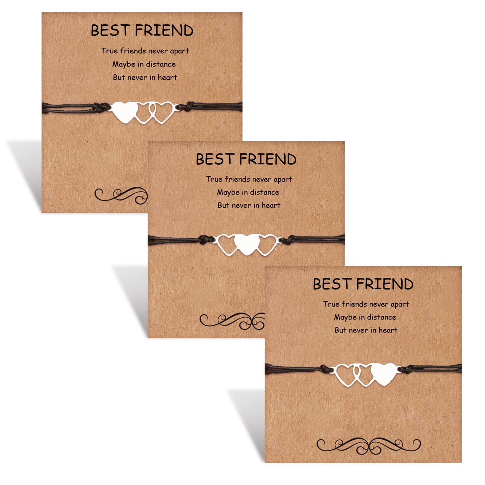 Best Friend Bracelets Set of 3 - Adjustable Matching Heart BFF Bracelets for Women, Cute Trio Friendship Jewelry - Perfect Birthday Gifts for Besties, Sisters & Couples | Wear to Parties, Travel or Daily Life