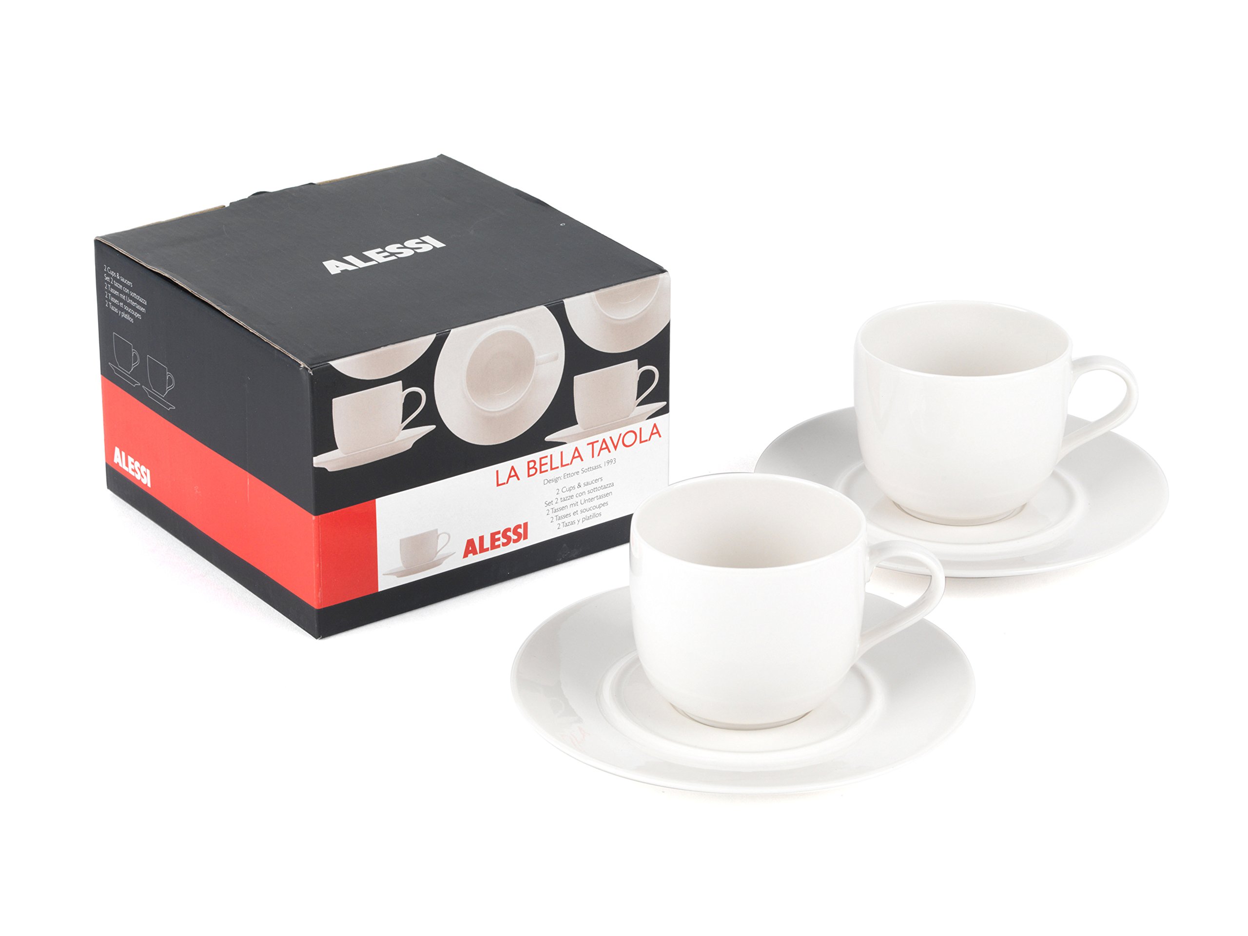 Alessi COMBO-1742 La Bella Tavola Porcelain Tea Cups and Saucers Set - 2 Piece White Fine China for Elegant Afternoon Tea & Coffee Service - Perfect for Home, Cafe, and Gift Giving