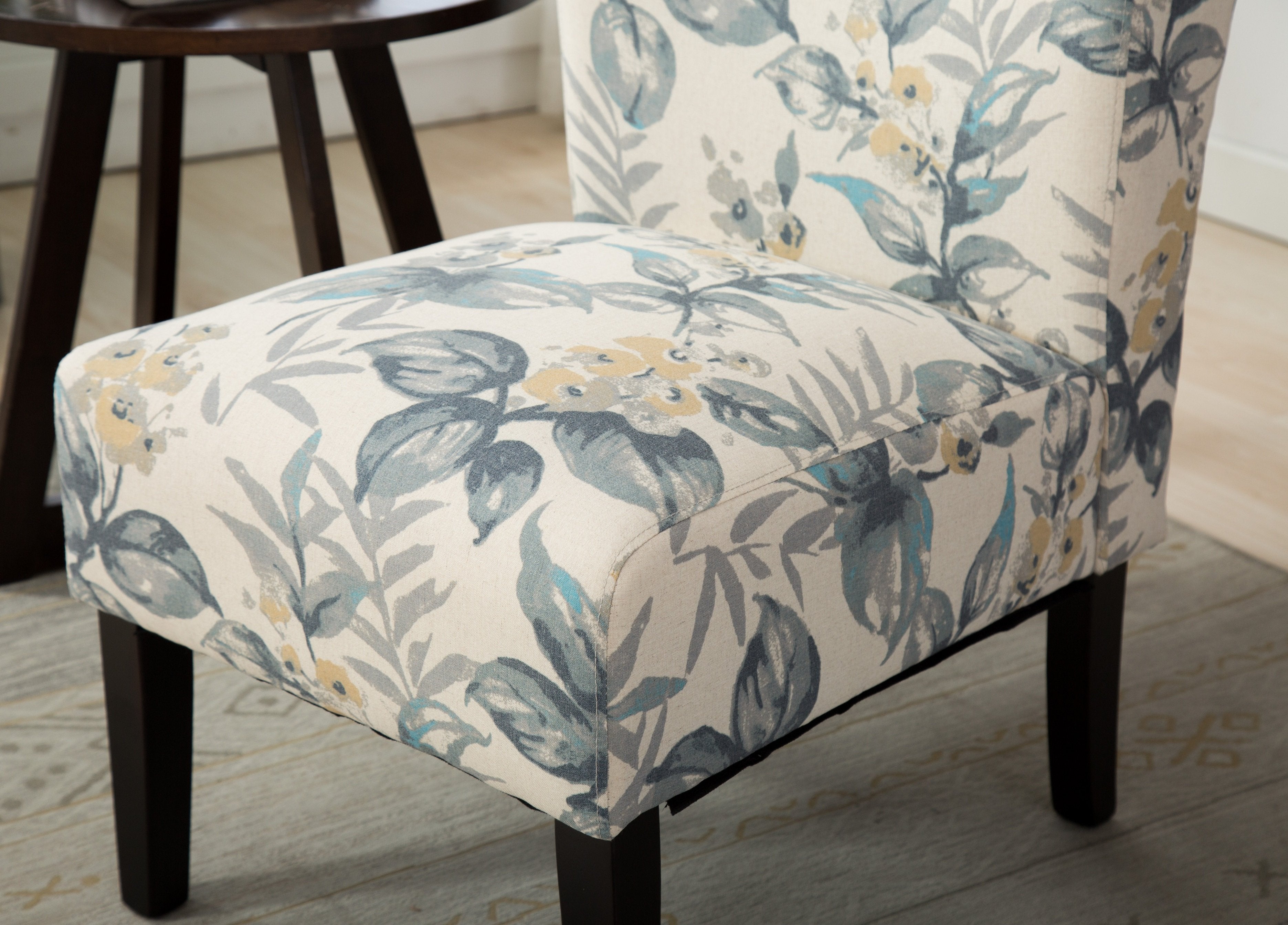 Roundhill Furniture Capa Fabric Armless Contemporary Accent Chair - Blue Leaves Design, Modern Living Room Chair for Home Office, Lounge, or Reading Nook