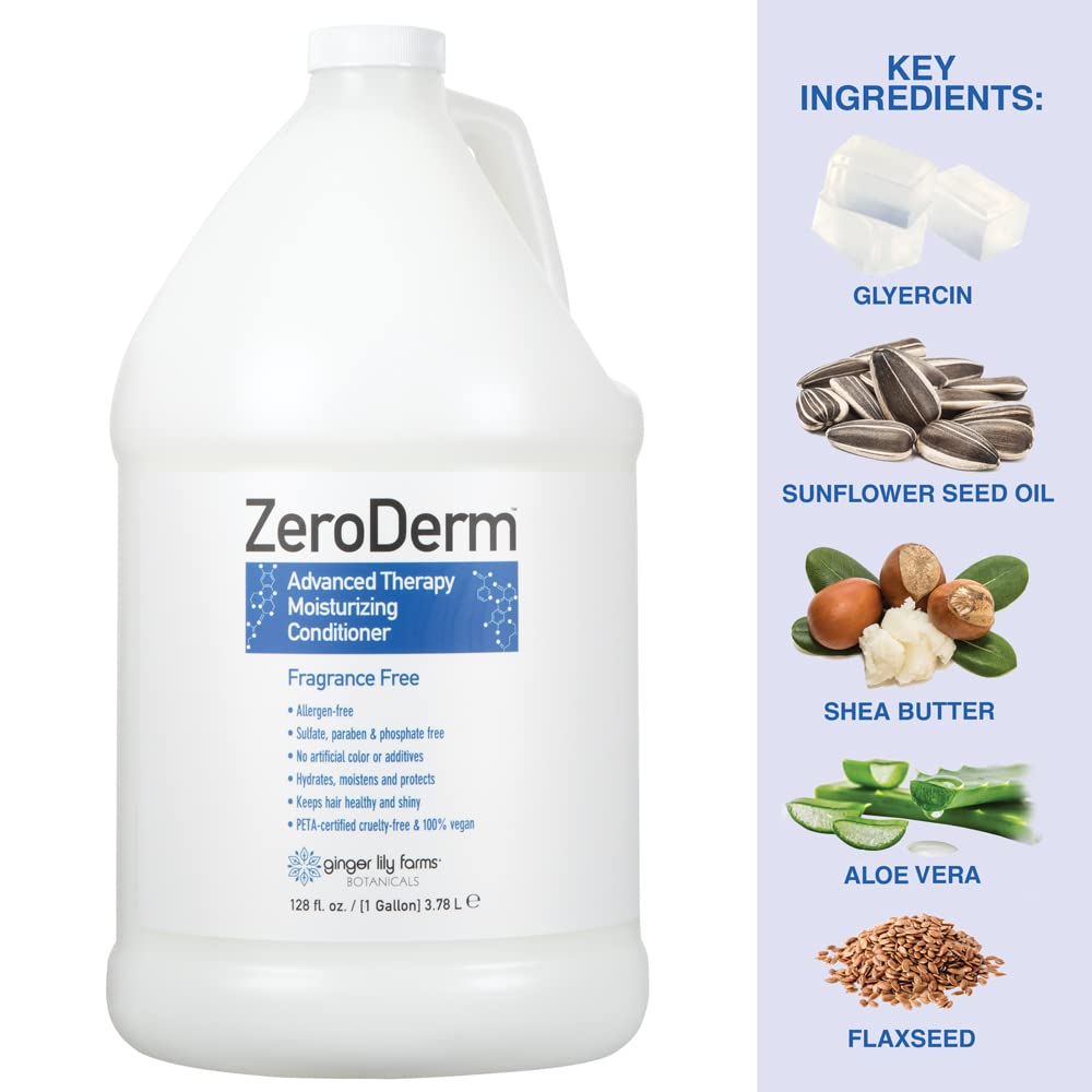 Ginger Lily Farms ZeroDerm Advanced Therapy Moisturizing Conditioner - 1 Gallon Refill Pack (4 Count) - Vegan, Cruelty-Free & Fragrance-Free for All Hair Types - Ideal for Salons, Spas & Daily Hair Care