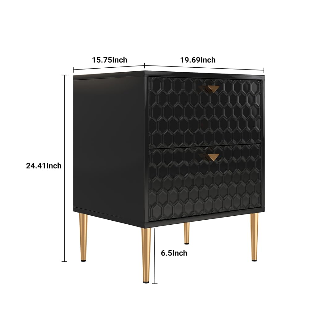 Modern Nightstand with 2 Drawers - Bedside Table with Brass Knobs for Bedroom & Living Room - Stylish Black End Table - Perfect for Storing Books, Lamps & Bedroom Essentials