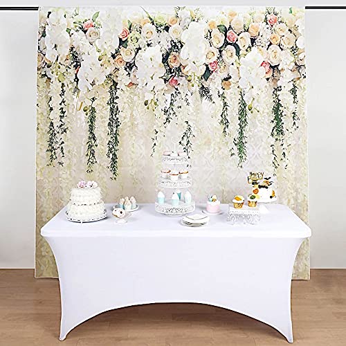 8 ft Vinyl Photography Backdrop White Roses Printed - Wedding Reception Party Decor, Bridal Shower Birthday Photo Booth Background