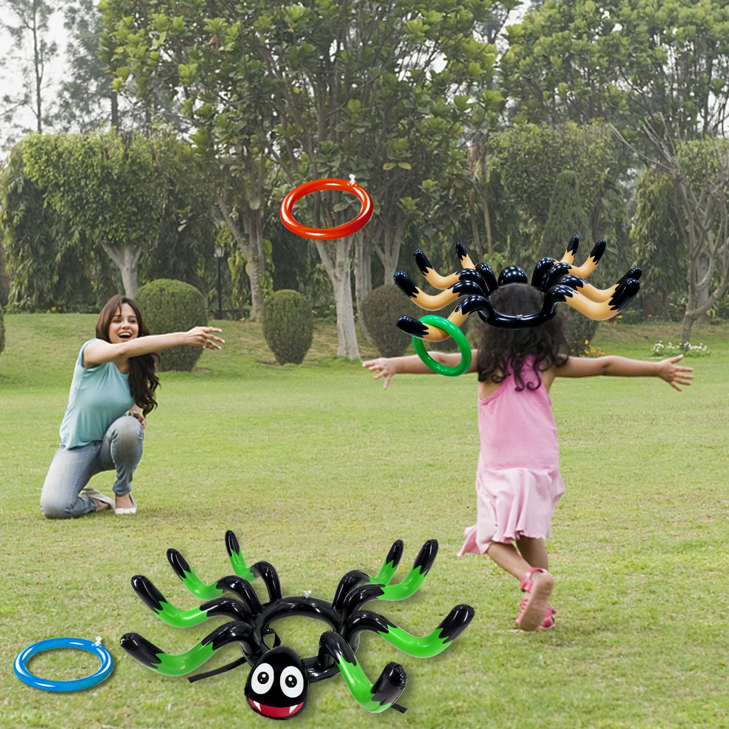 10 PCS Giant Halloween Ring Toss Game Set - Inflatable Spider Toy for Kids & Adults - Indoor/Outdoor Carnival Party Games - Perfect for Halloween Parties, School Events & Family Gatherings (Includes 2 Giant Spiders & 8 Rings)