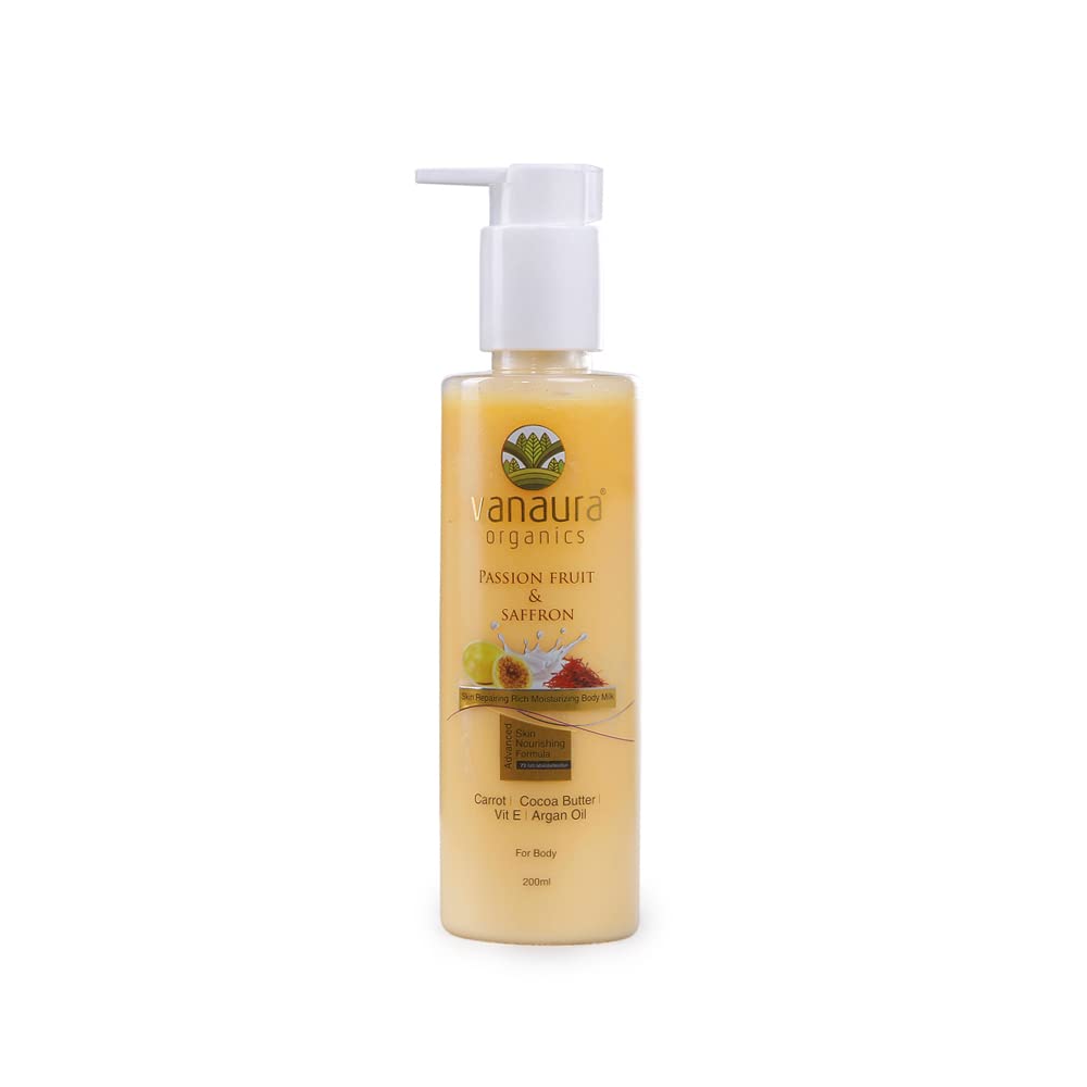 Vanaura Organics Passion Fruit & Saffron Body Lotion - Deep Moisturizing & Skin Repair Cream for Dry Skin - 200ml - Perfect for Daily Hydration & Nighttime Skin Care