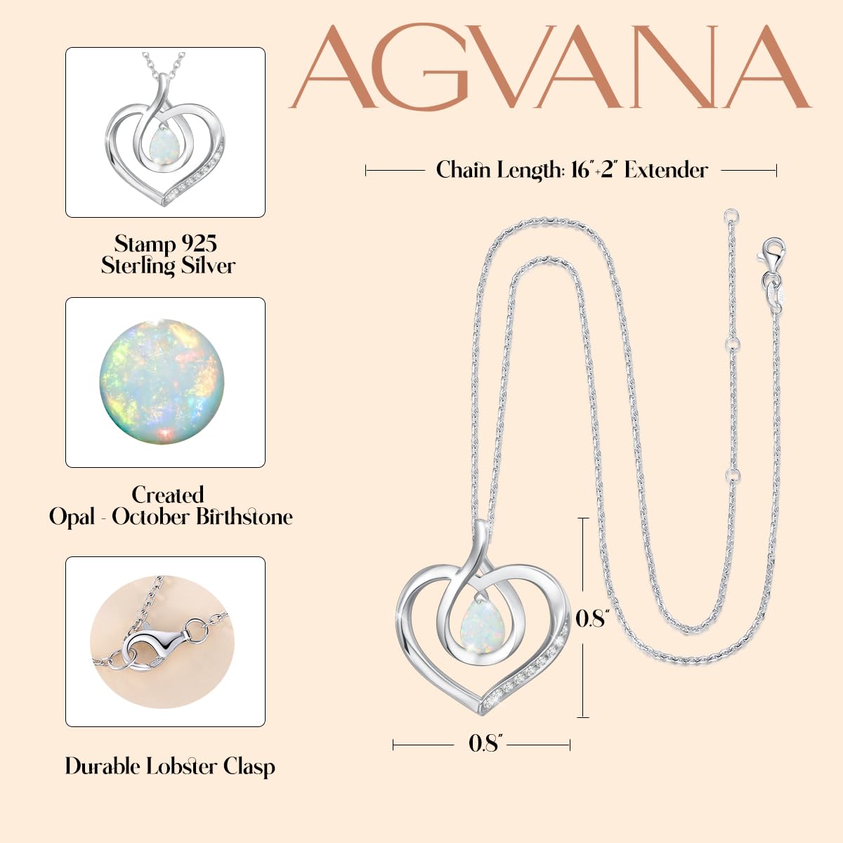 AGVANA October Birthstone Opal Heart Necklace & Bracelet Set for Women - Sterling Silver Infinity Love Pendant Fine Jewelry | Mothers Day Gifts for Mom, Anniversary & Birthday Gifts for Her | Perfect for Weddings, Date Nights & Special Occasions