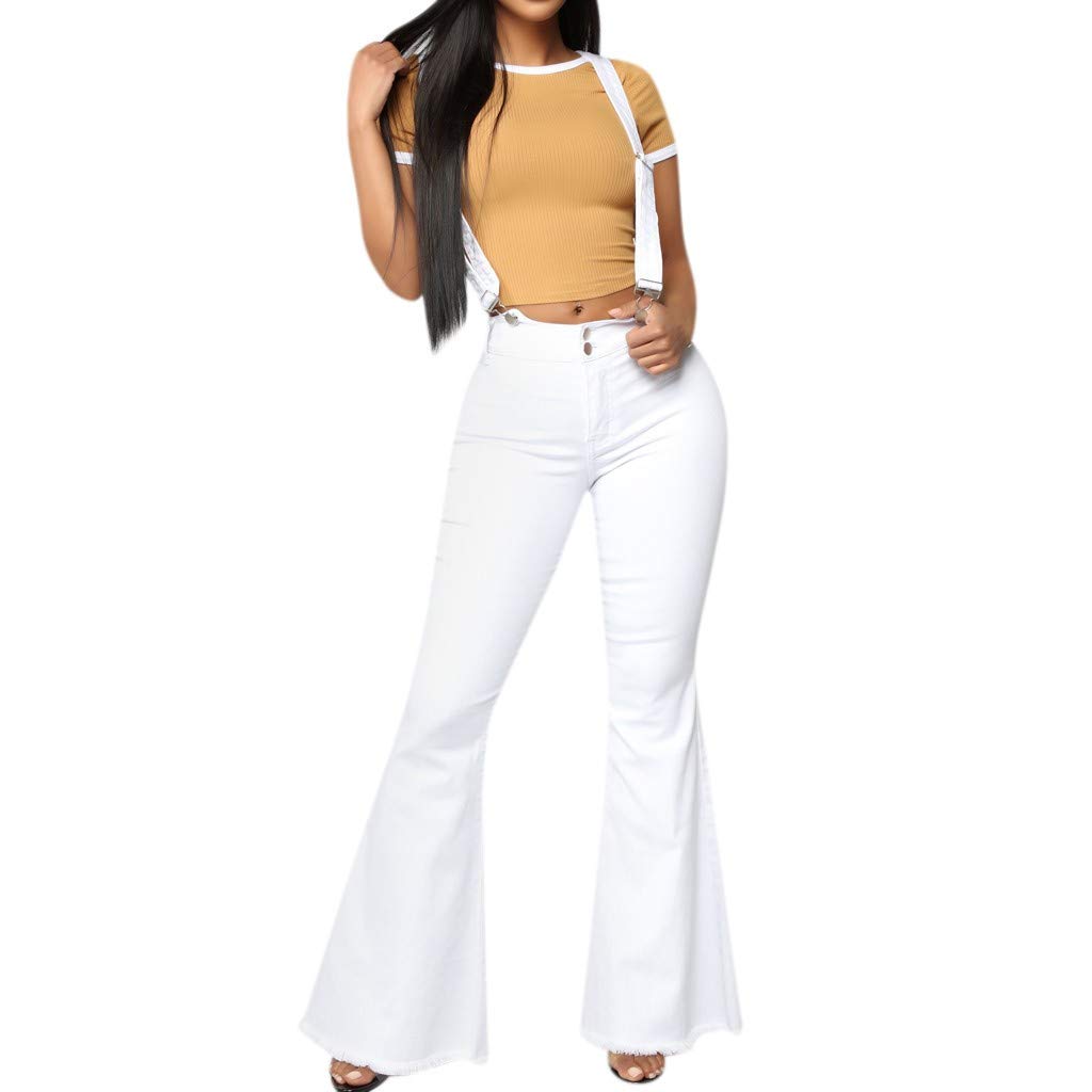 UOFOCO Women's High Waist Zipper Jeans with Button Strap - Flared Bell Bottom Pants for Casual Wear & Night Out