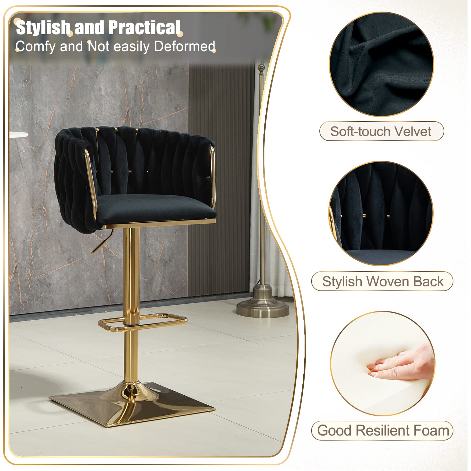 2 Pack Swivel Velvet Bar Stools - Adjustable Height Modern Counter Stools with Woven Back, Upholstered Seating for Kitchen Island, Home Bar, Cafe & Farmhouse Decor - Perfect for Entertaining & Dining (Black)