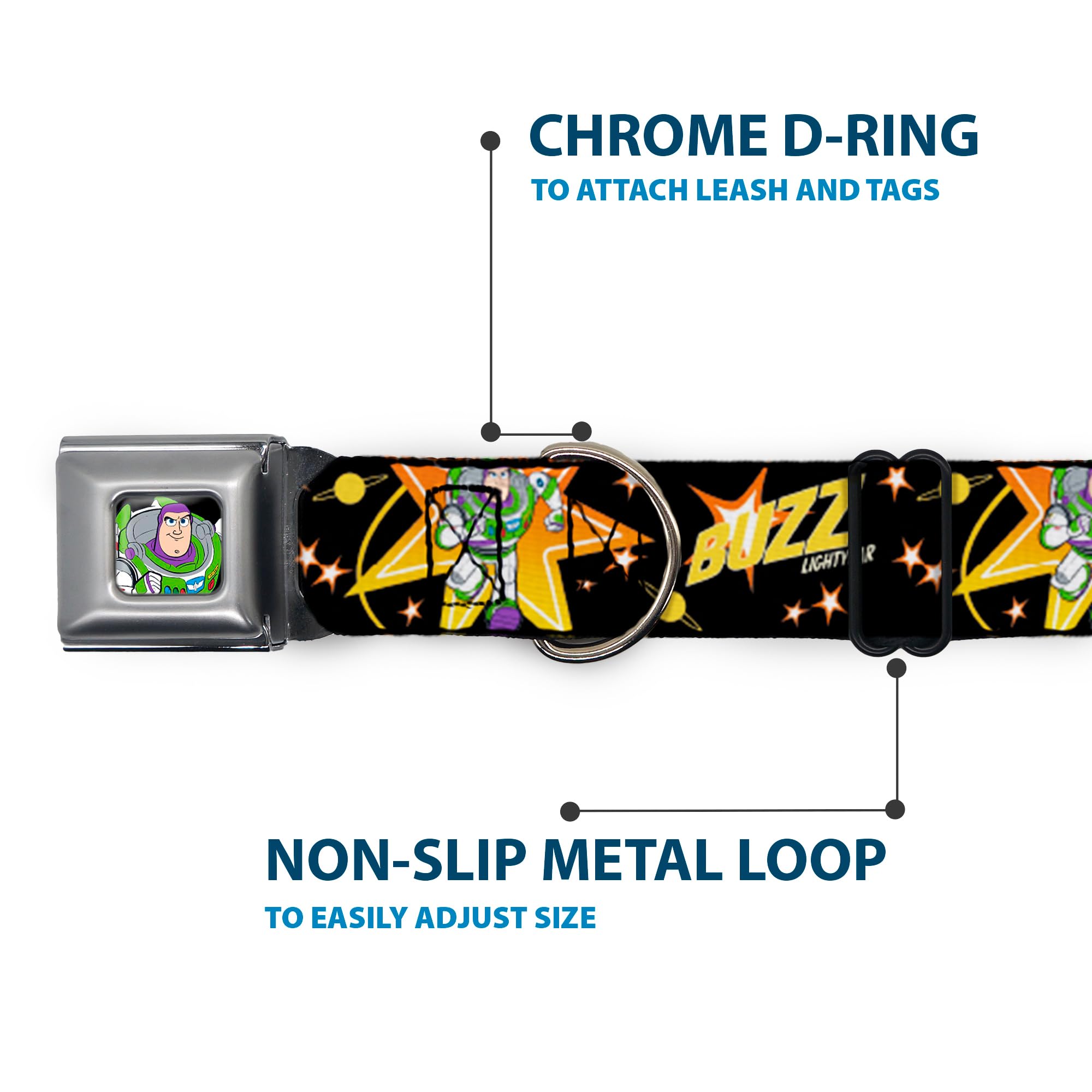 Buckle-Down Dog Collar with Seatbelt Buckle - Toy Story Buzz Lightyear Running Stars Design (Black, Orange, Yellow) - 1-Inch Wide Adjustable Collar for Large Dogs (15-26