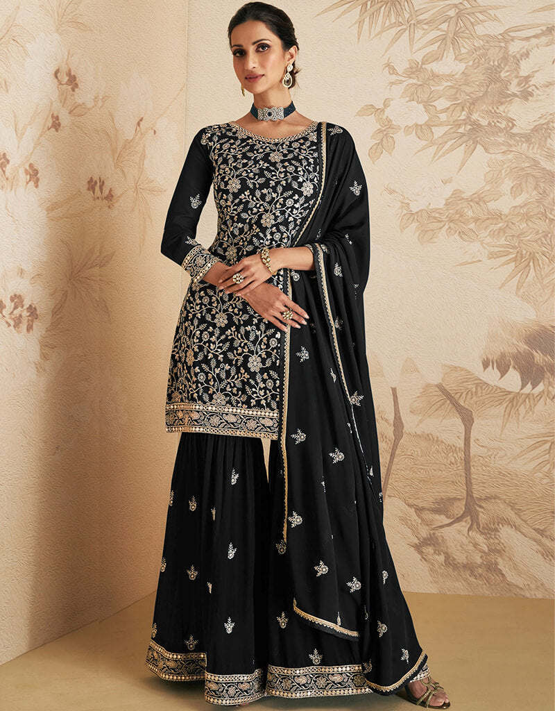 Elegant Black Georgette Sharara Suit for Women | Traditional Pakistani/Indian Wedding Outfit | Perfect for Bridal, Festive & Special Occasions