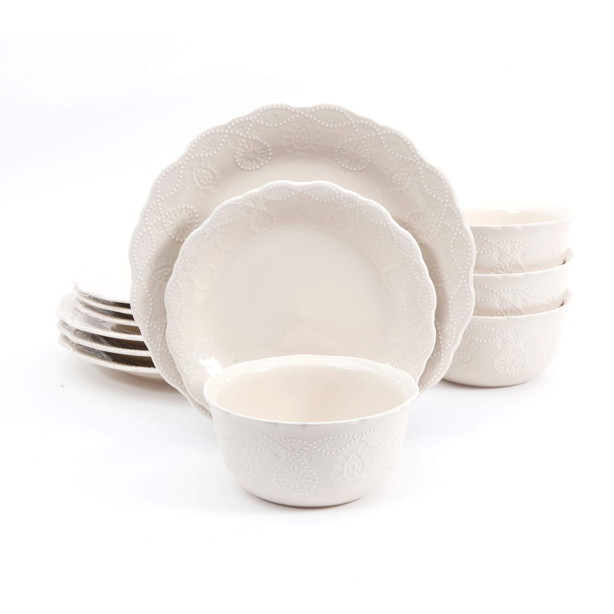 12-Piece Cowgirl Lace Stoneware Dinnerware Set - Durable, Microwave & Dishwasher Safe - Western Style Tableware for Rustic Kitchen Decor, Farmhouse Dining, and Country-Themed Parties