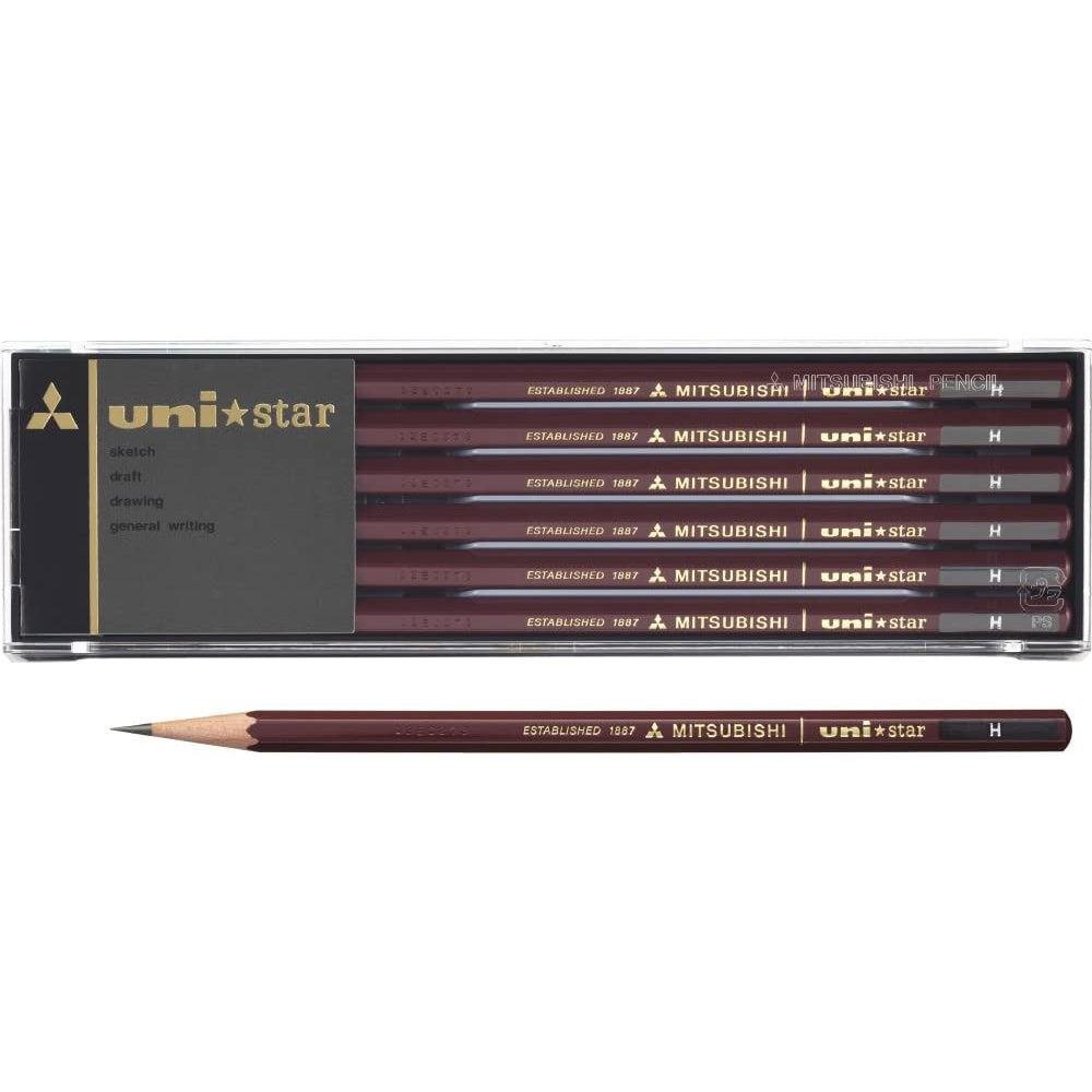 Mitsubishi Uni Star Japanese Graphite Pencils - 12 Pack (H Hardness) for Sketching, Drawing & Professional Artwork