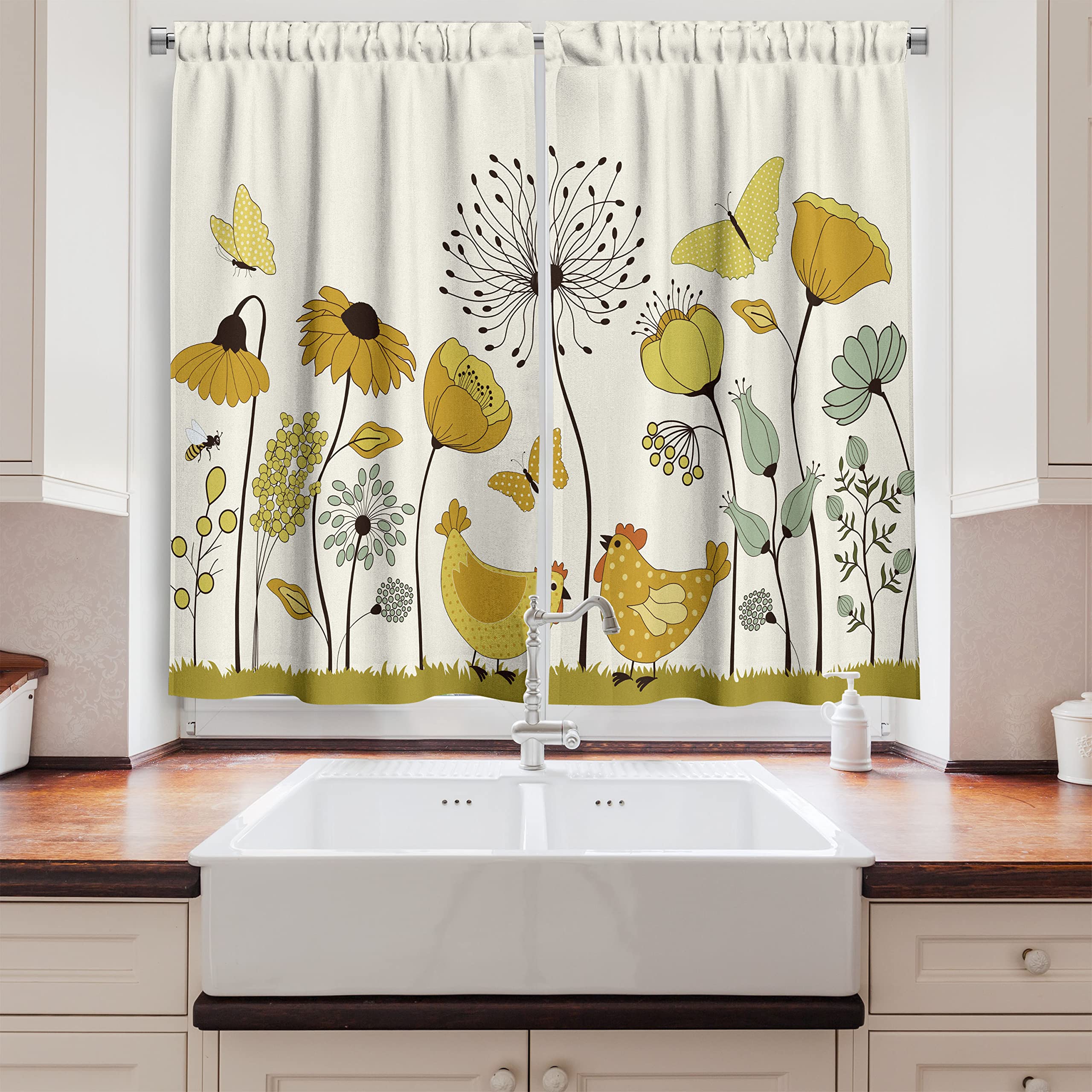 Lunarable Spring Long Kitchen Curtains - Polka Dot Chicken & Hen Design with Flying Butterflies Among Flowers, 2 Panel Rod Pocket Drapes for Home Decor, 55x45 Inches, Yellow Mustard - Perfect for Farmhouse, Country Style Kitchens & Spring Themed Dining Rooms