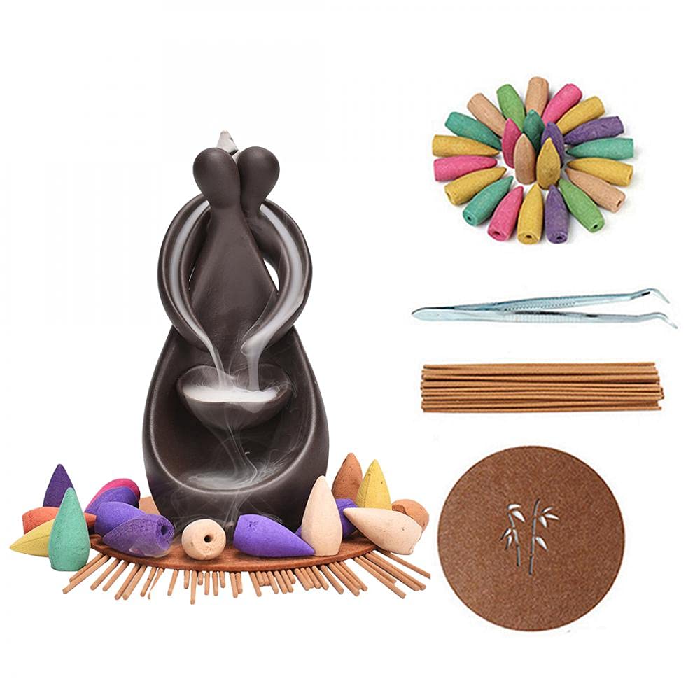 Romantic Handmade Backflow Incense Burner Holder - Waterfall Hugging Lovers Design with 20 Free Incense Cones for Home Decor, Meditation, Yoga, Office & Tearoom Aromatherapy
