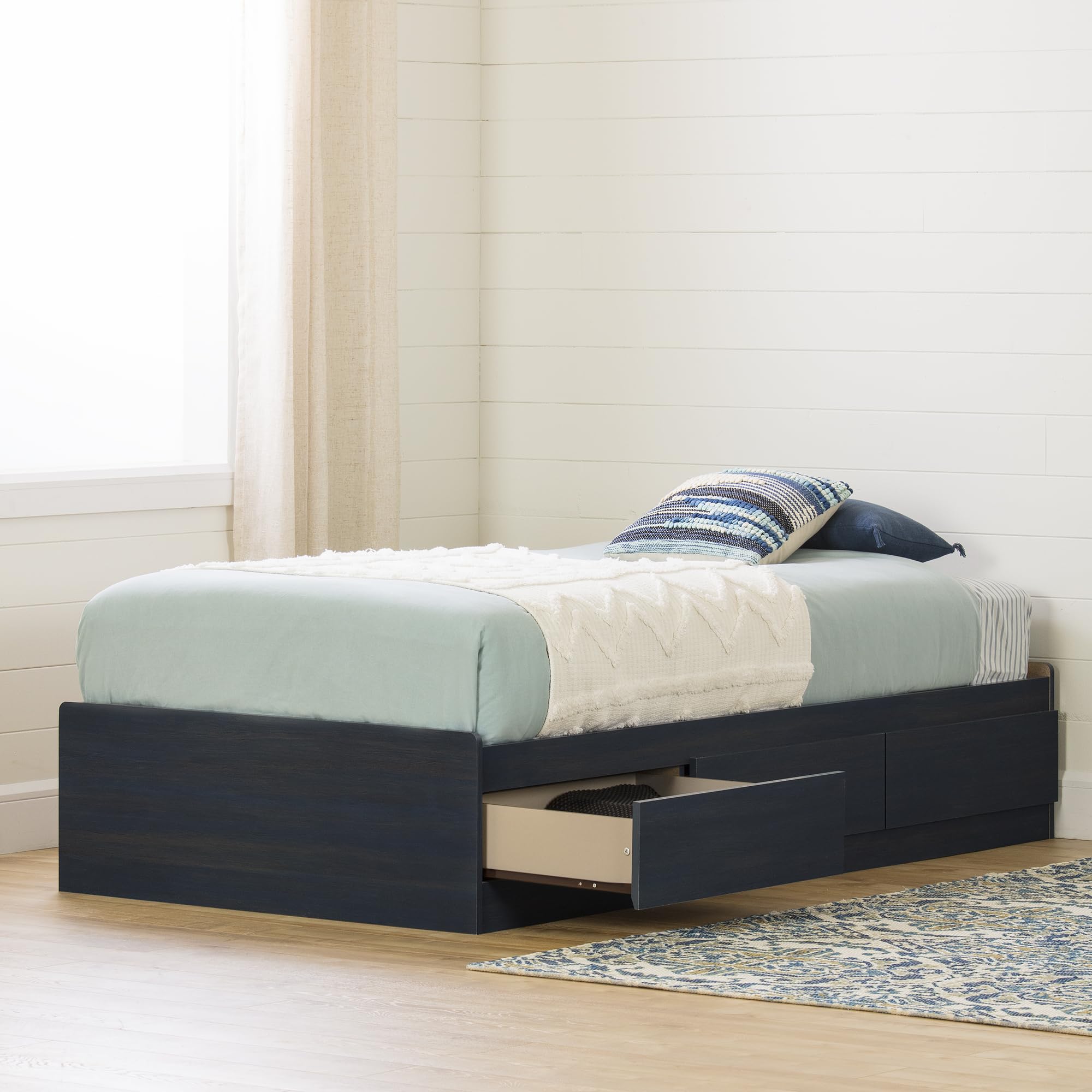 South Shore Aviron Mates Twin Size Bed Frame with 3 Storage Drawers, 39-Inch, Blueberry Finish - Perfect for Kids' Bedrooms, Guest Rooms & Small Spaces