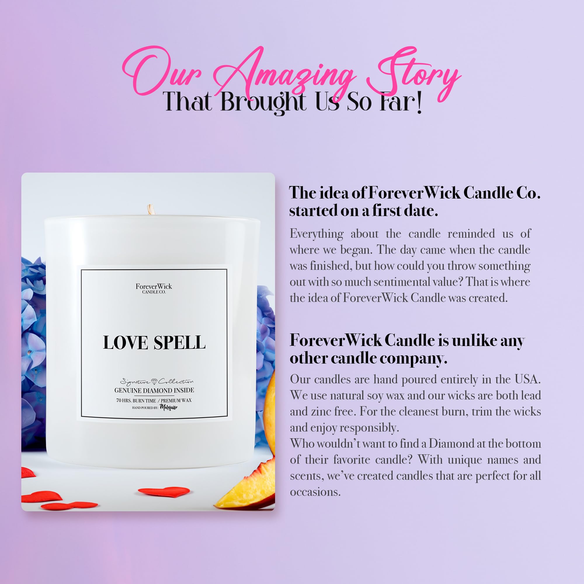 Love Spell Surprise Candle with Real Diamond Inside - Foreverwick Scented Soy Candle Gift for Women - 14oz All-Natural Organic Romantic Candle (70h Burn Time) - Perfect for Anniversaries, Valentine's Day & Romantic Surprises