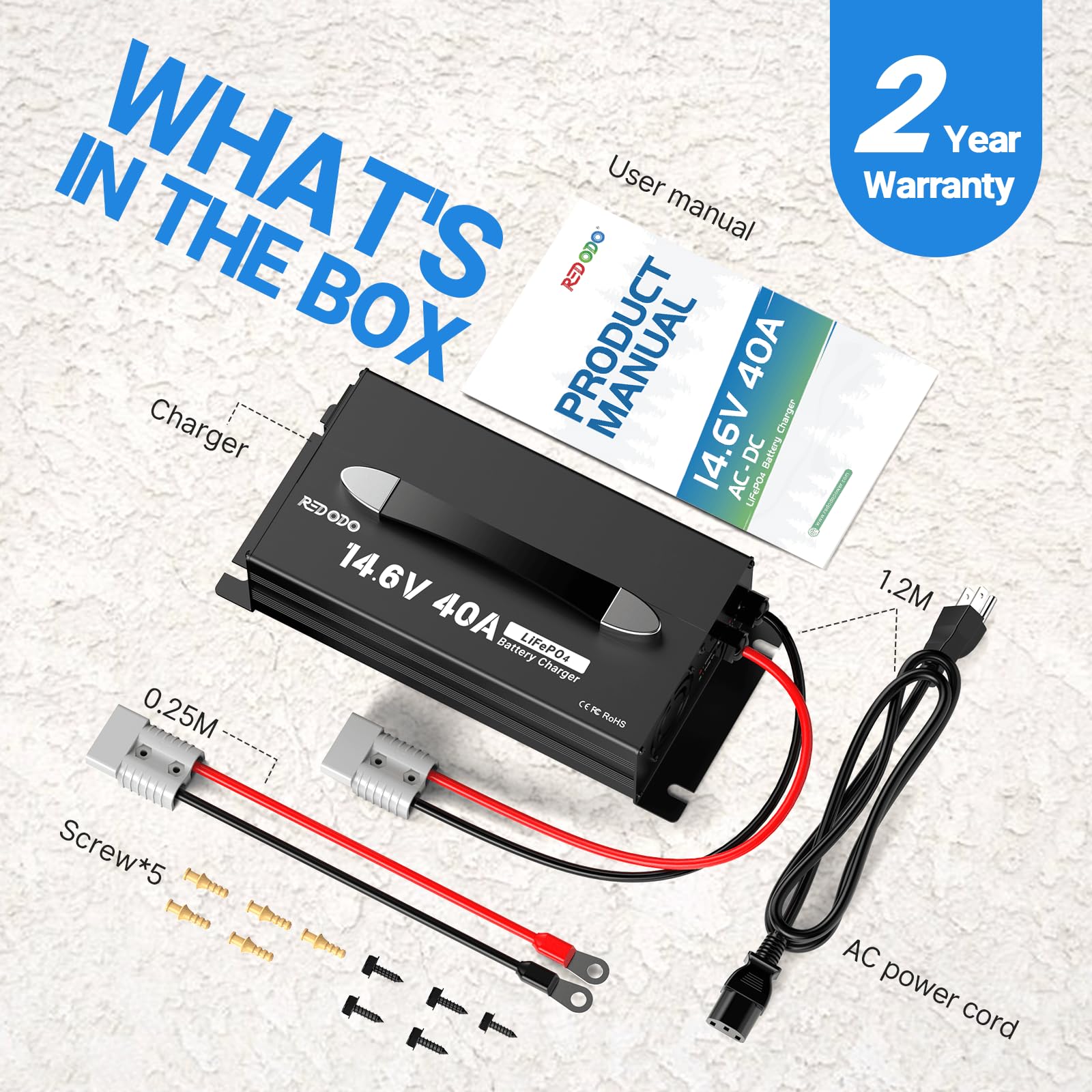 Redodo 14.6V 40A LiFePO4 Battery Charger - High Power Lithium Battery Charger with Upgraded Handle & Full Protection | Compact & Durable Design for 12V LiFePO4 Batteries | Ideal for RVs, Solar Systems, Marine Applications & Off-Grid Power Solutions