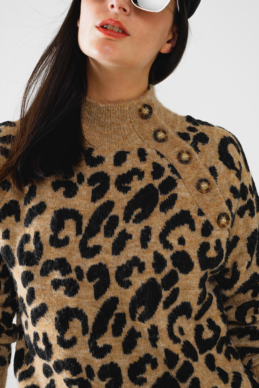 Leopard Print Knit Pullover with Side Buttons - Stylish Casual Wear for Women, Perfect for Office, Date Night & Fall Outfits