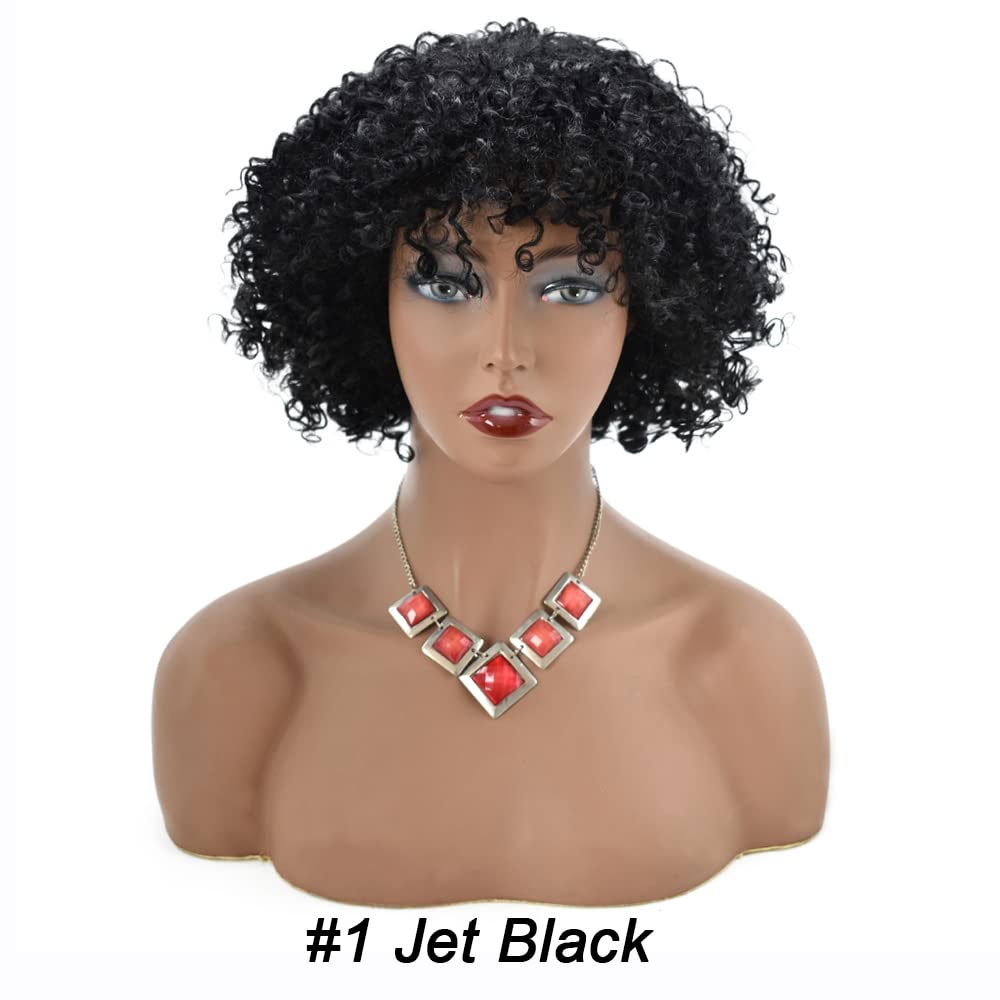 Short Afro Curly Human Hair Wig for Black Women - Kinky Curly Machine Made Wig with Bangs | Natural Looking Synthetic Hairpiece for African American Women | Perfect for Daily Wear, Cosplay & Special Occasions (JMH0400, Jet Black)